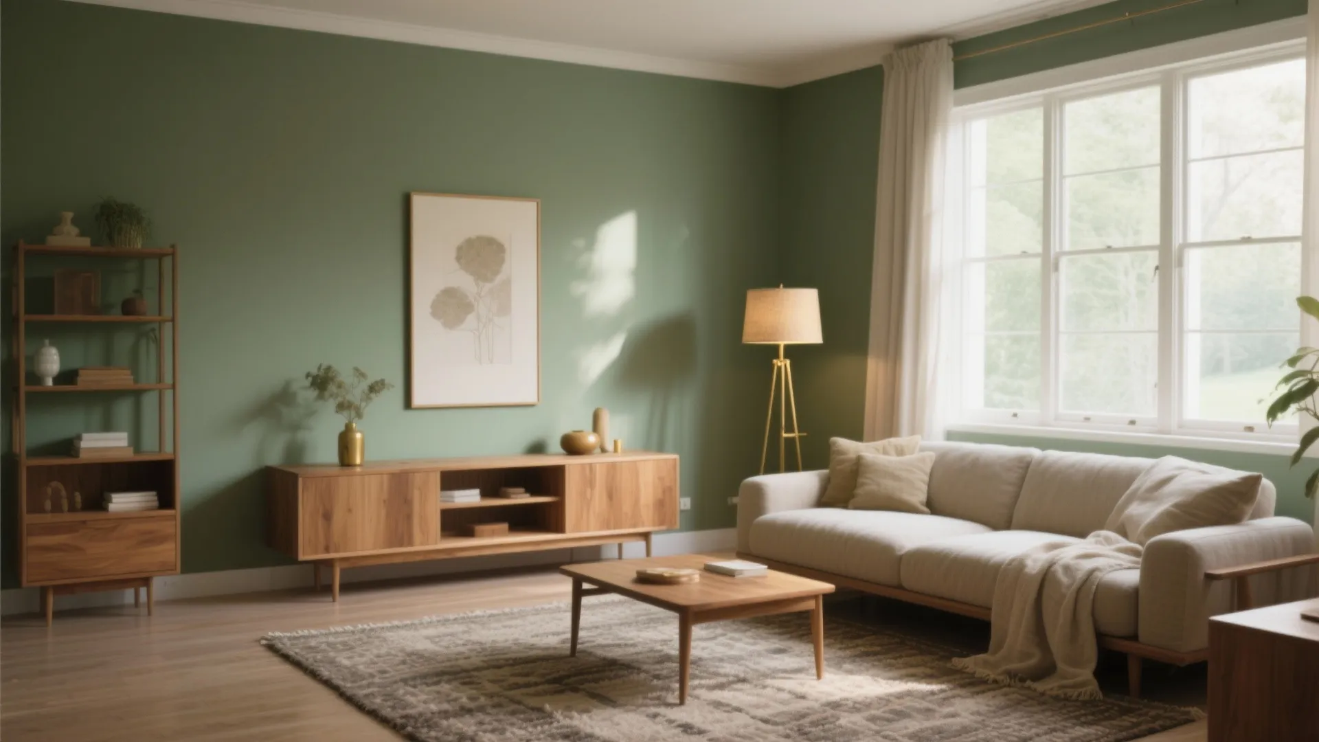 Modern living room featuring sage green wall white sofa wooden coffee table floor lamp window