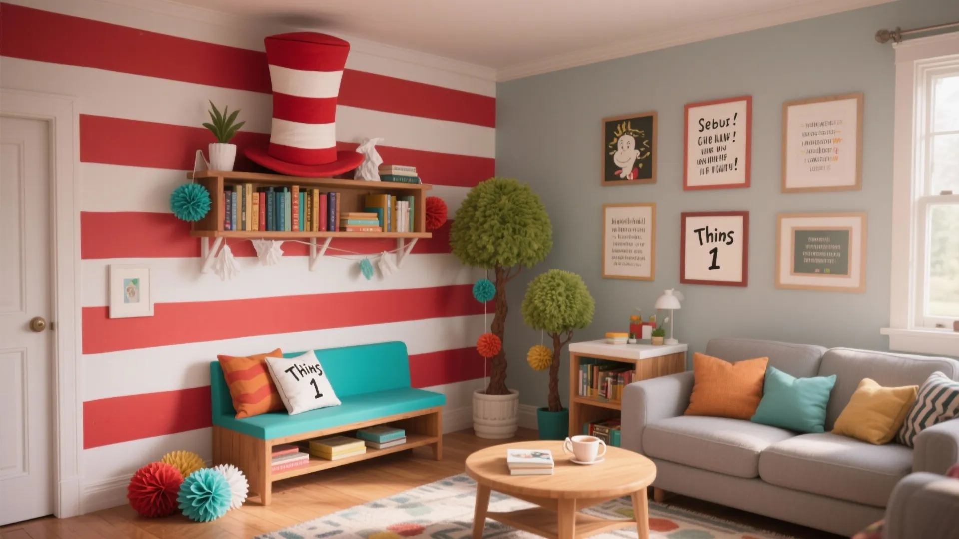 Whimsical themed living room with red striped wall blue sofa round table and colorful decorations