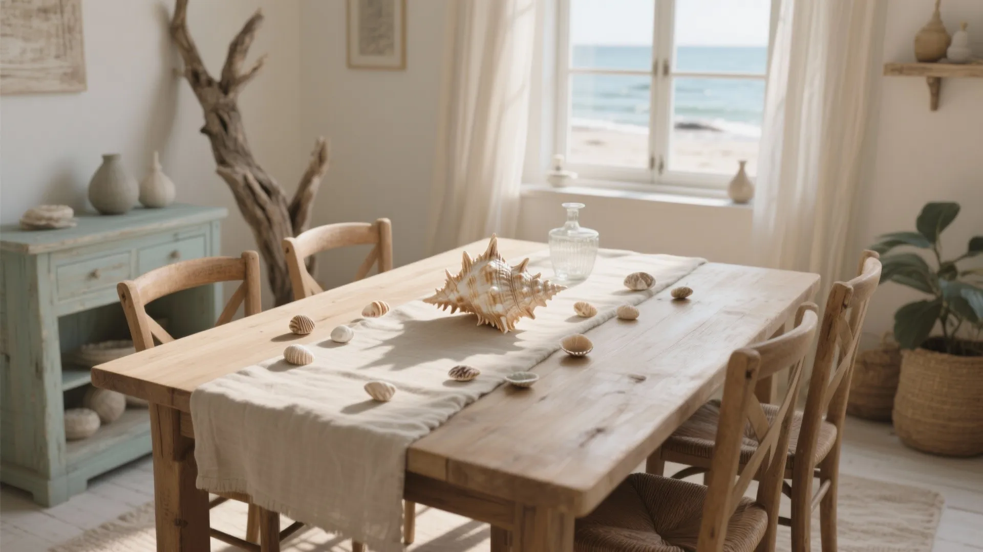 Coastal dining room featuring a wooden table decorated with sea shells and ocean view window