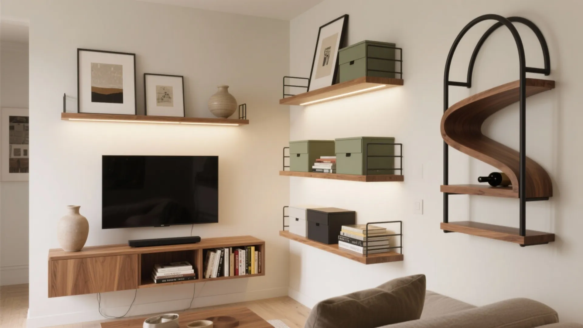 Modern living room featuring wooden floating shelves with lights and a black television on wall