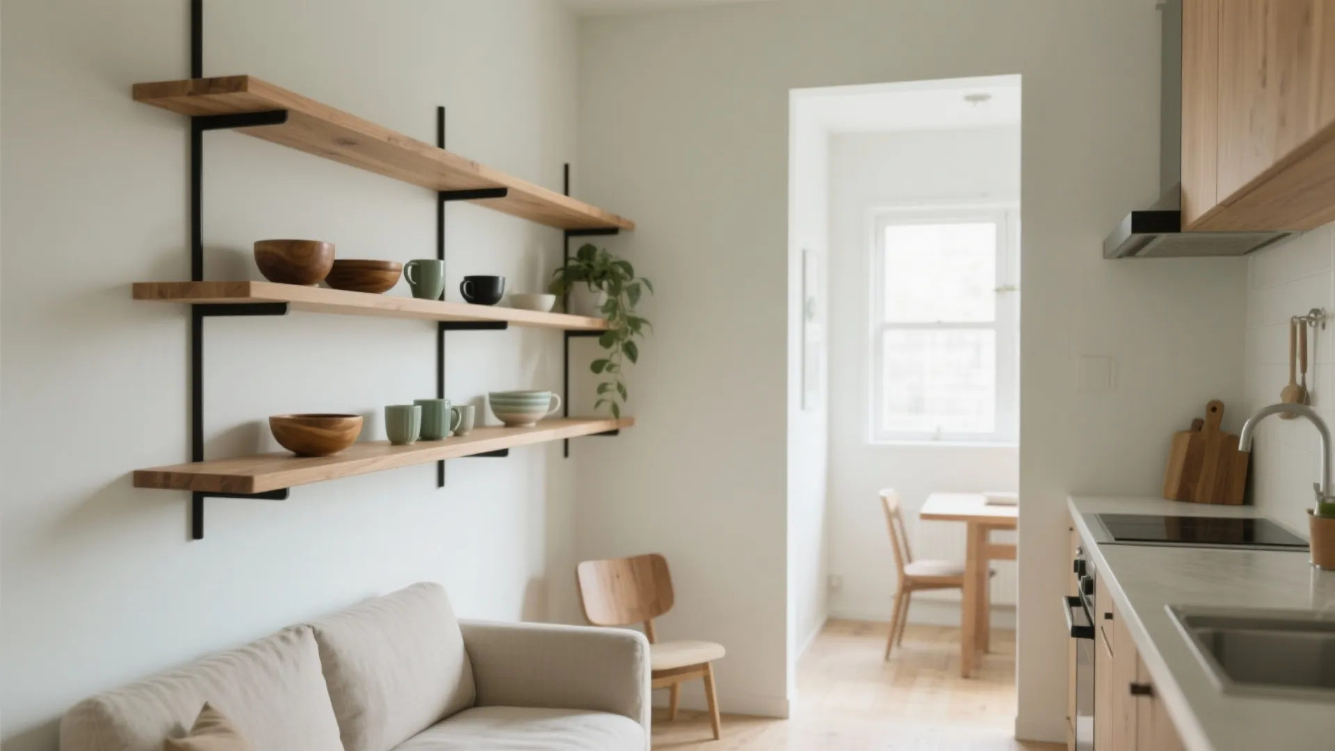 Modern open plan kitchen with wooden floating shelves white walls grey sofa and natural light