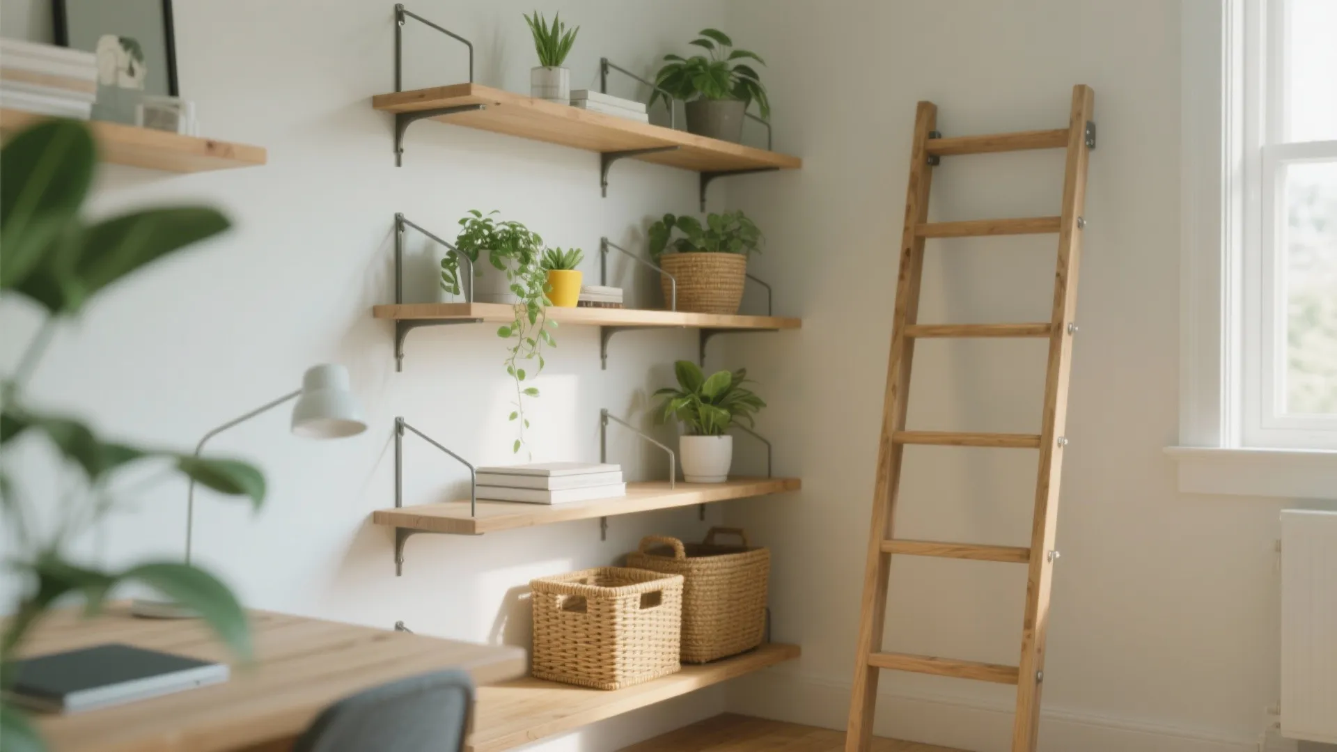 Wooden wall shelves holding green plants and storage baskets next to a tall wooden ladder