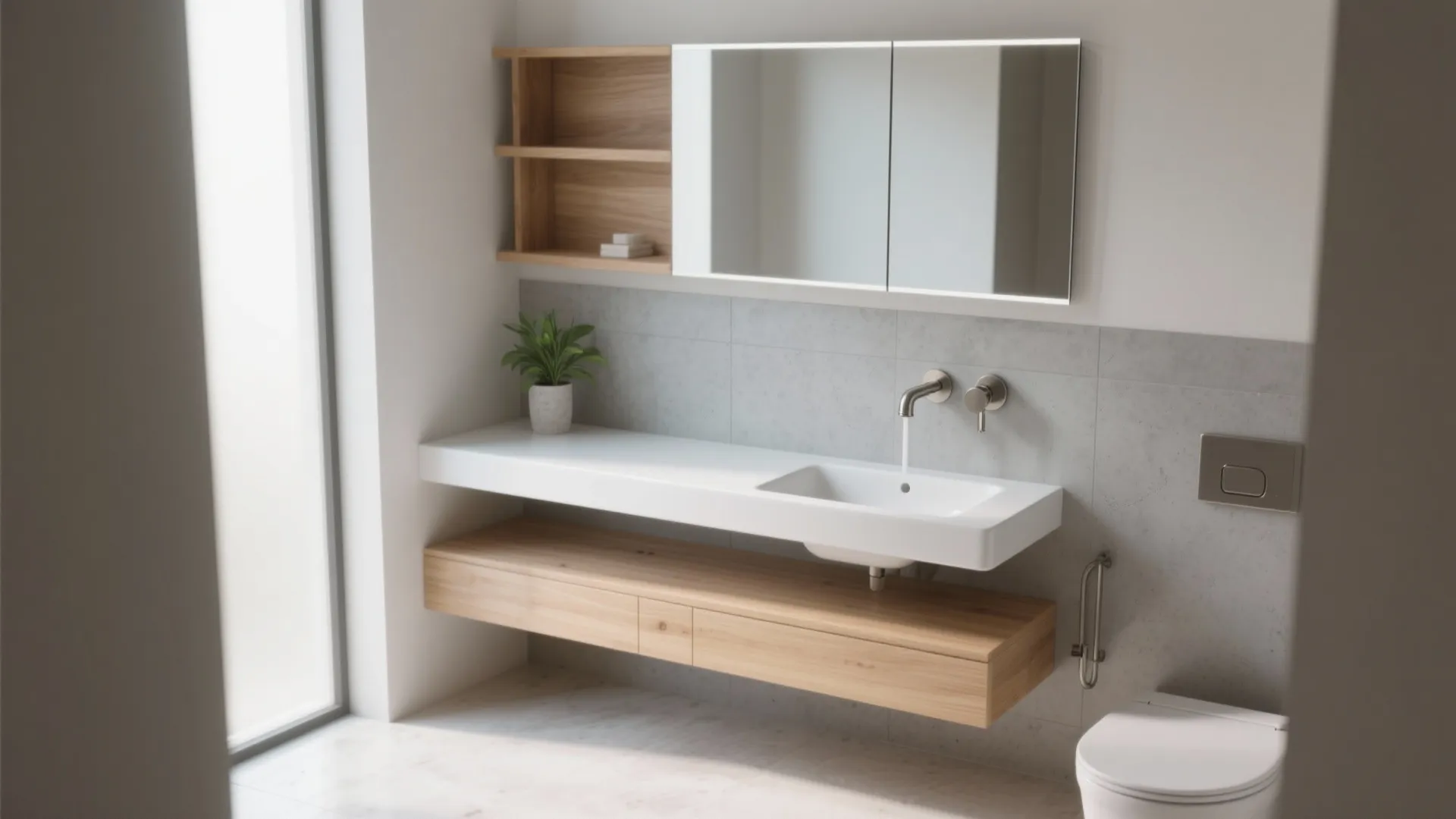 Modern bathroom with a white sink and wooden cabinet plus a mirror and white toilet