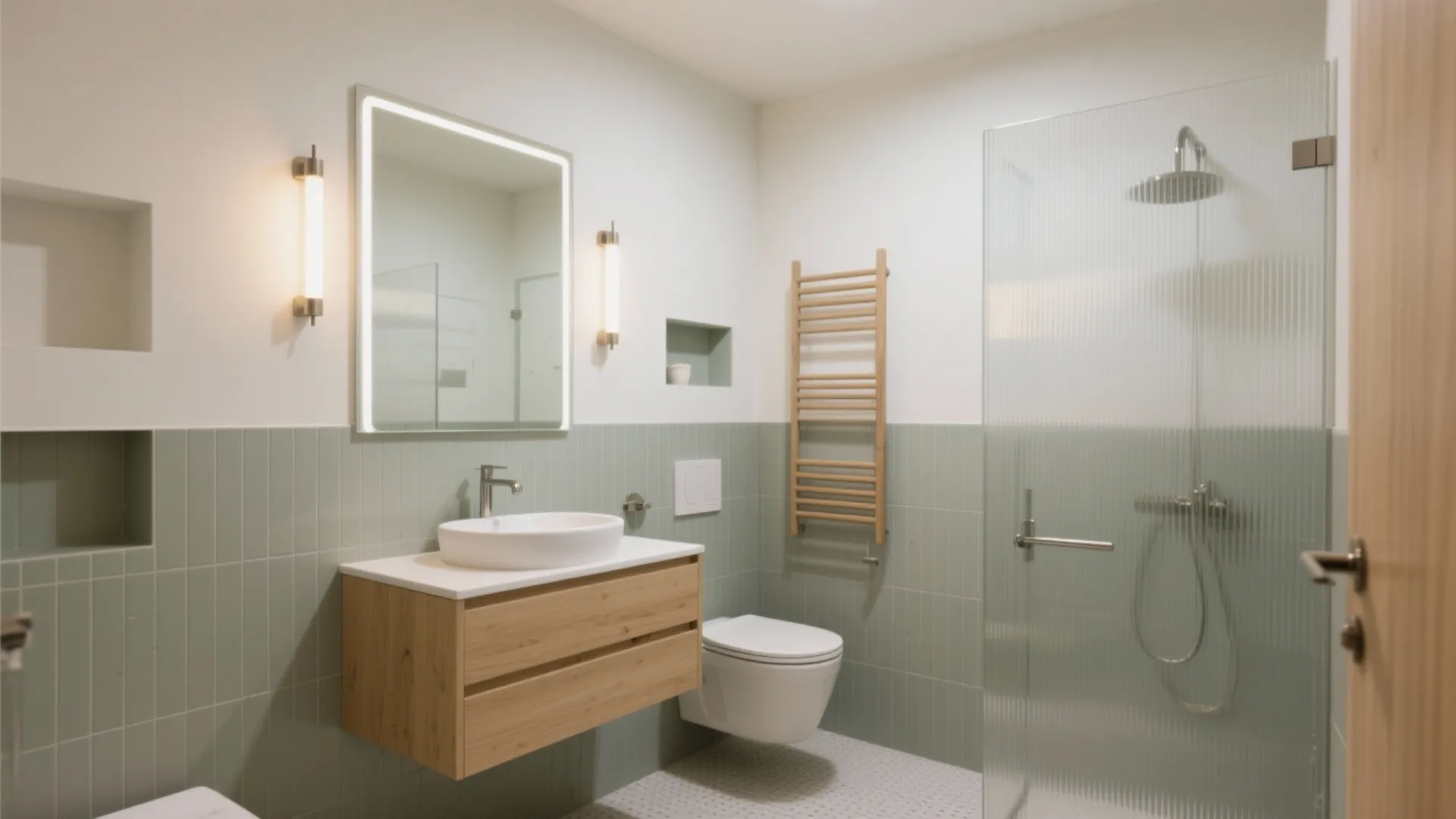 Modern bathroom featuring green wall panel wooden cabinet white sink glass shower and wall light