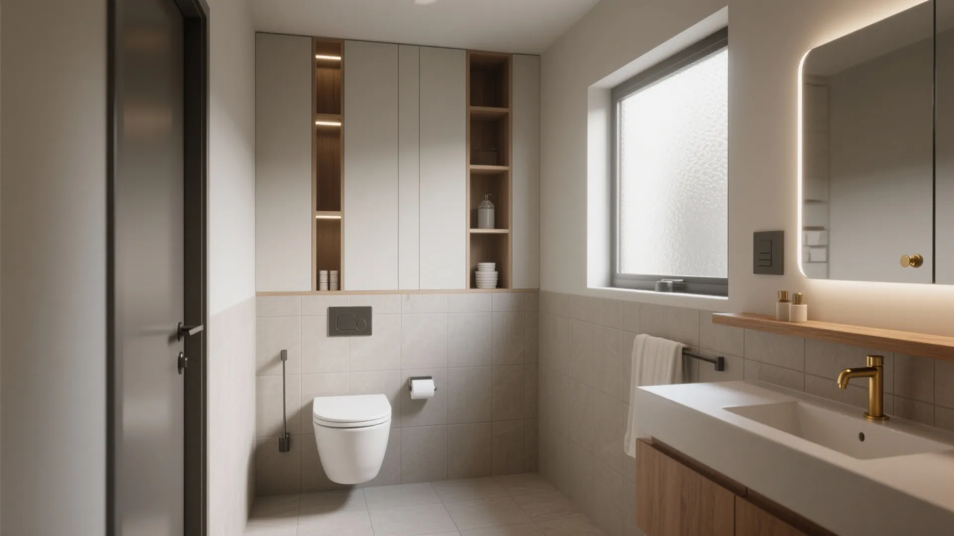 Modern bathroom with white toilet, grey tiles, wood shelves, sink, gold faucet, and bright mirror