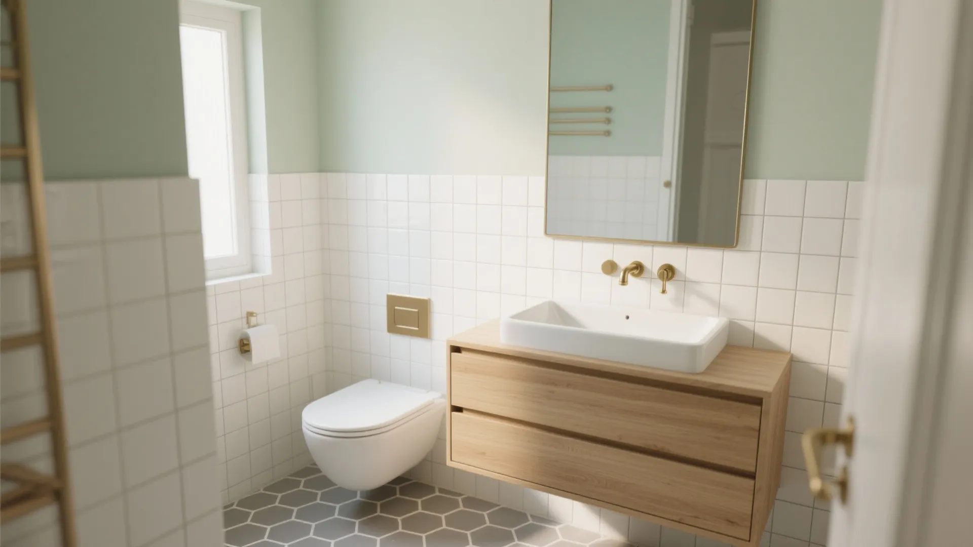 Modern bathroom featuring white wall tiles green walls wooden cabinet white sink and a wall toilet