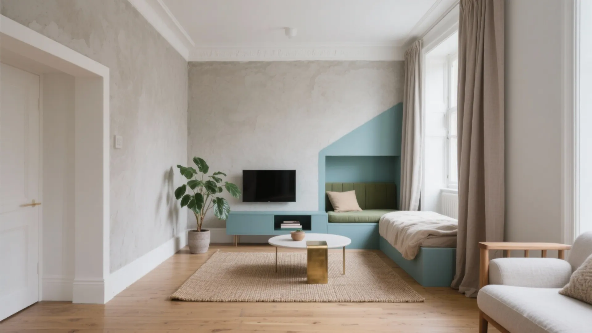 Modern living room with a blue tv cabinet blue wall niche and a green plant