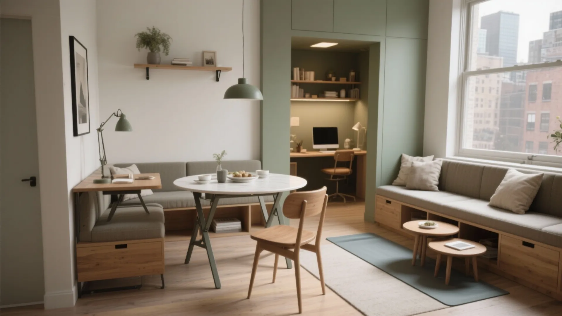Modern small dining room with round white table green ceiling light and integrated home office
