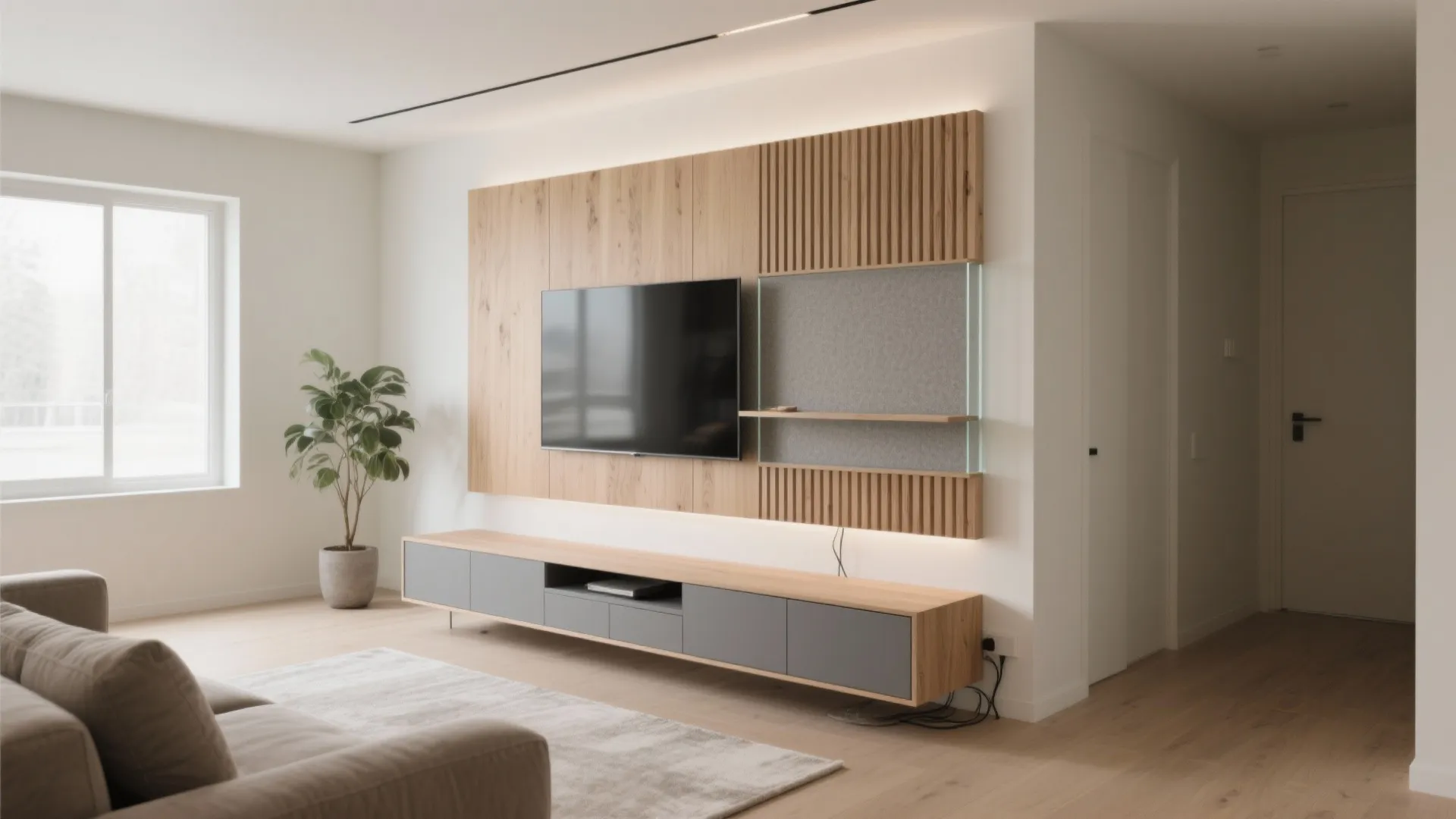 Modern living room with wood wall panel and grey sofa next to a green floor plant