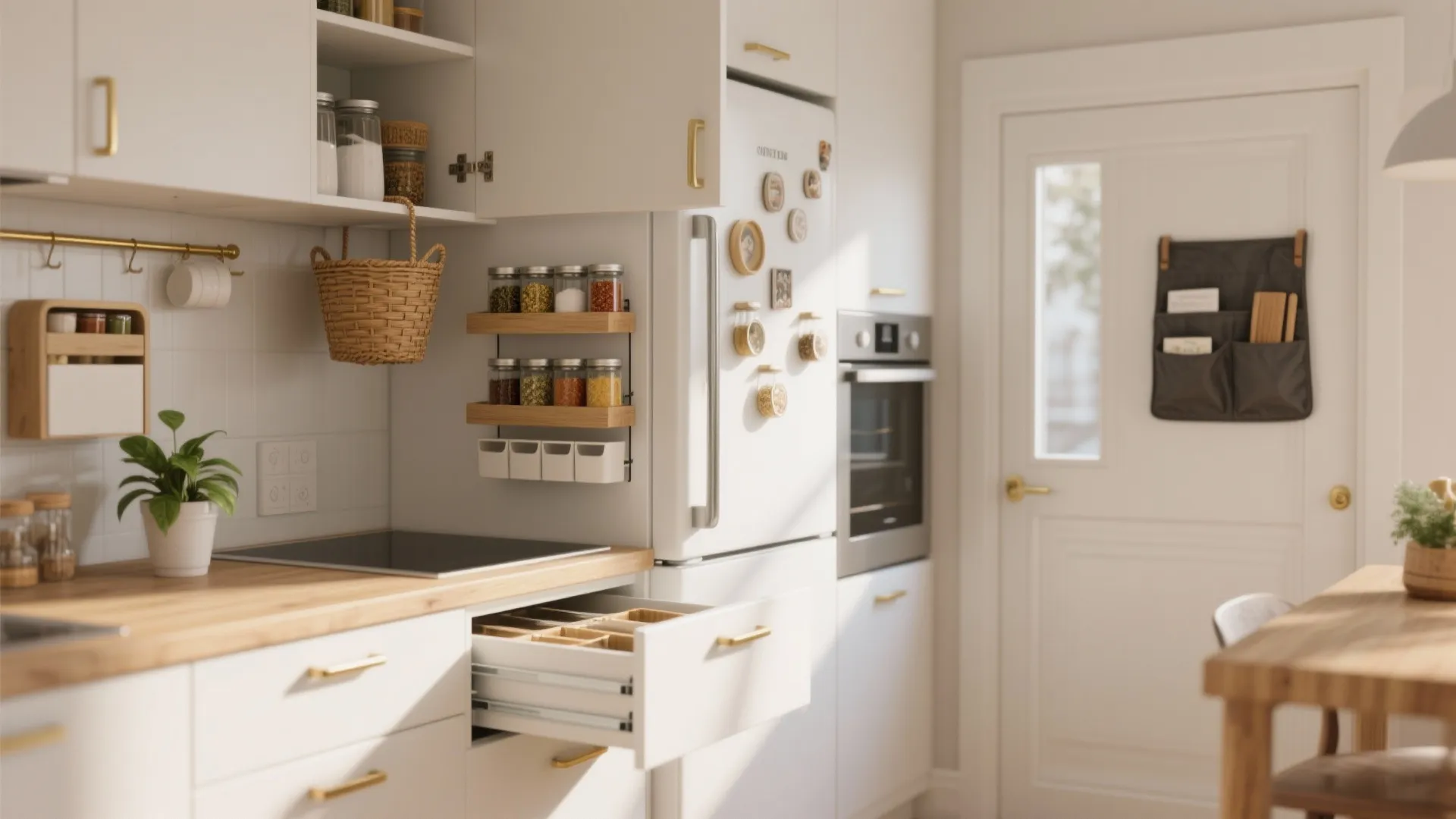 Bright kitchen with white cabinets open drawer wood countertop spice racks and a large fridge