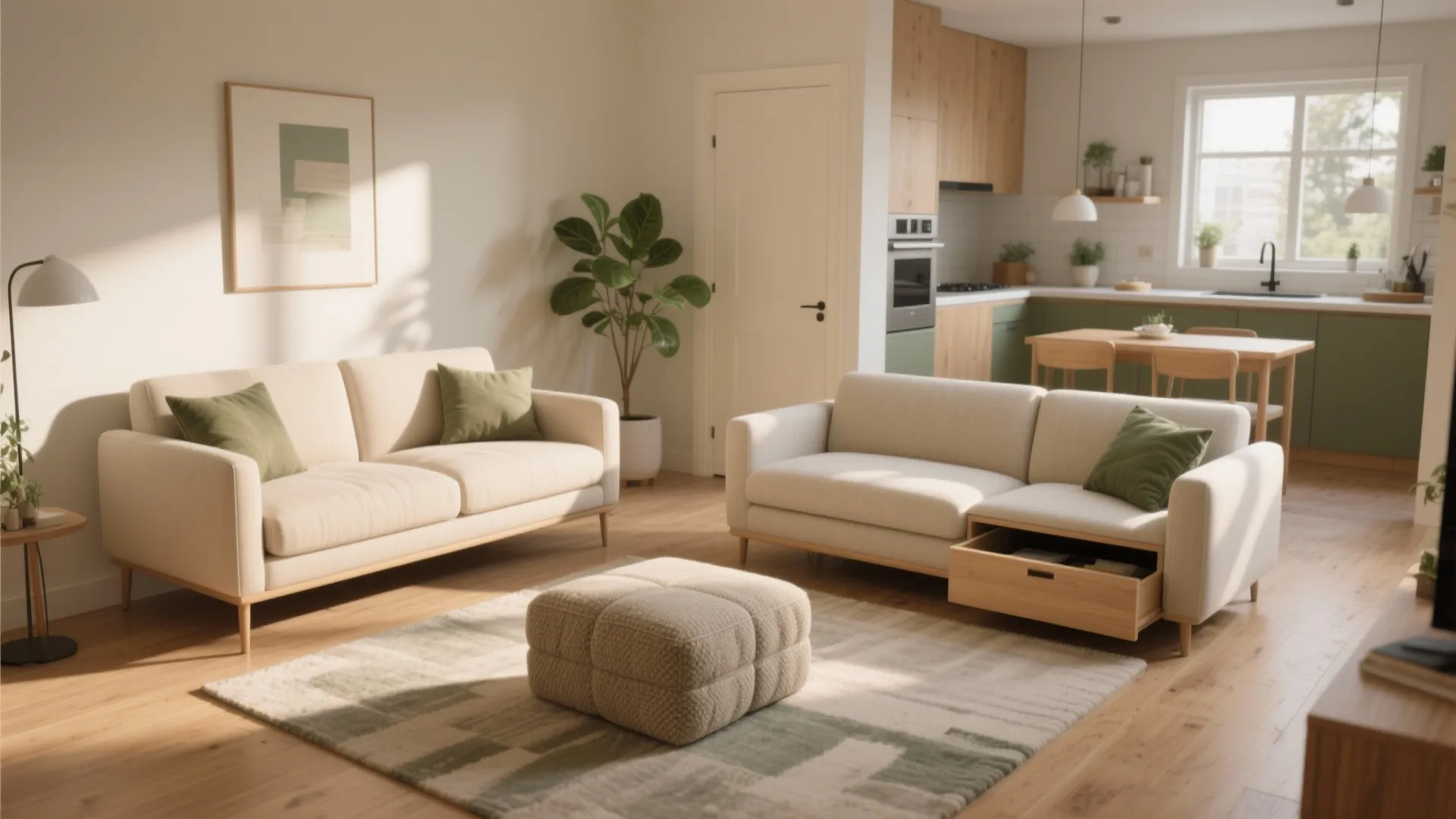 Bright open plan living room featuring two beige sofas a footrest and green kitchen cabinets