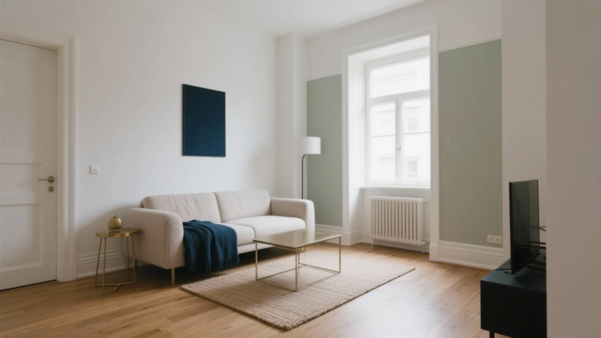 Bright living room with white sofa metal coffee table wooden floor and green wall panels