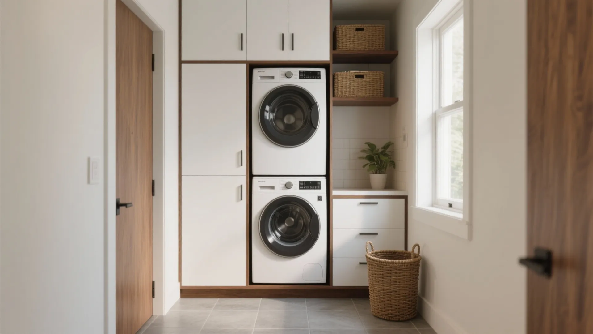 Bright laundry room with stacked white washing machines integrated white cabinets and a large window
