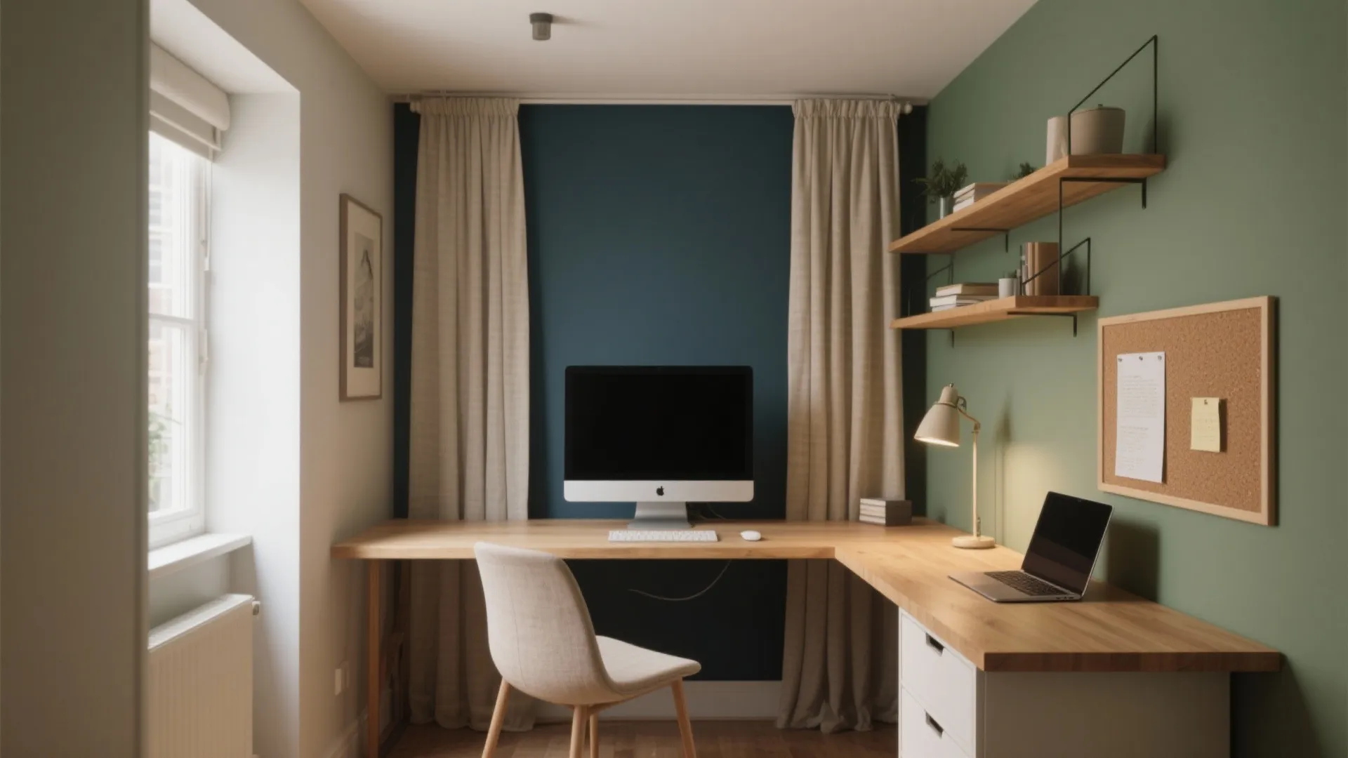 Modern home office with green and blue walls wooden desk laptop and computer plus natural light