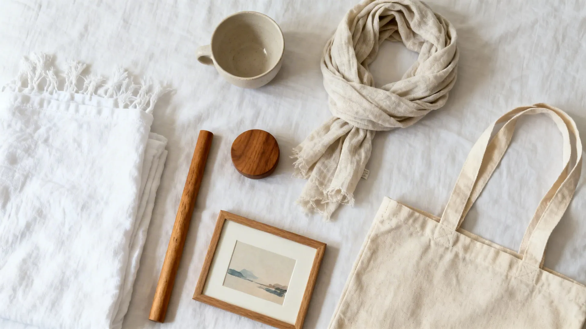Flat lay of white textiles, wood accents, ceramics, scarf, and tote arranged hero-support-neutral.