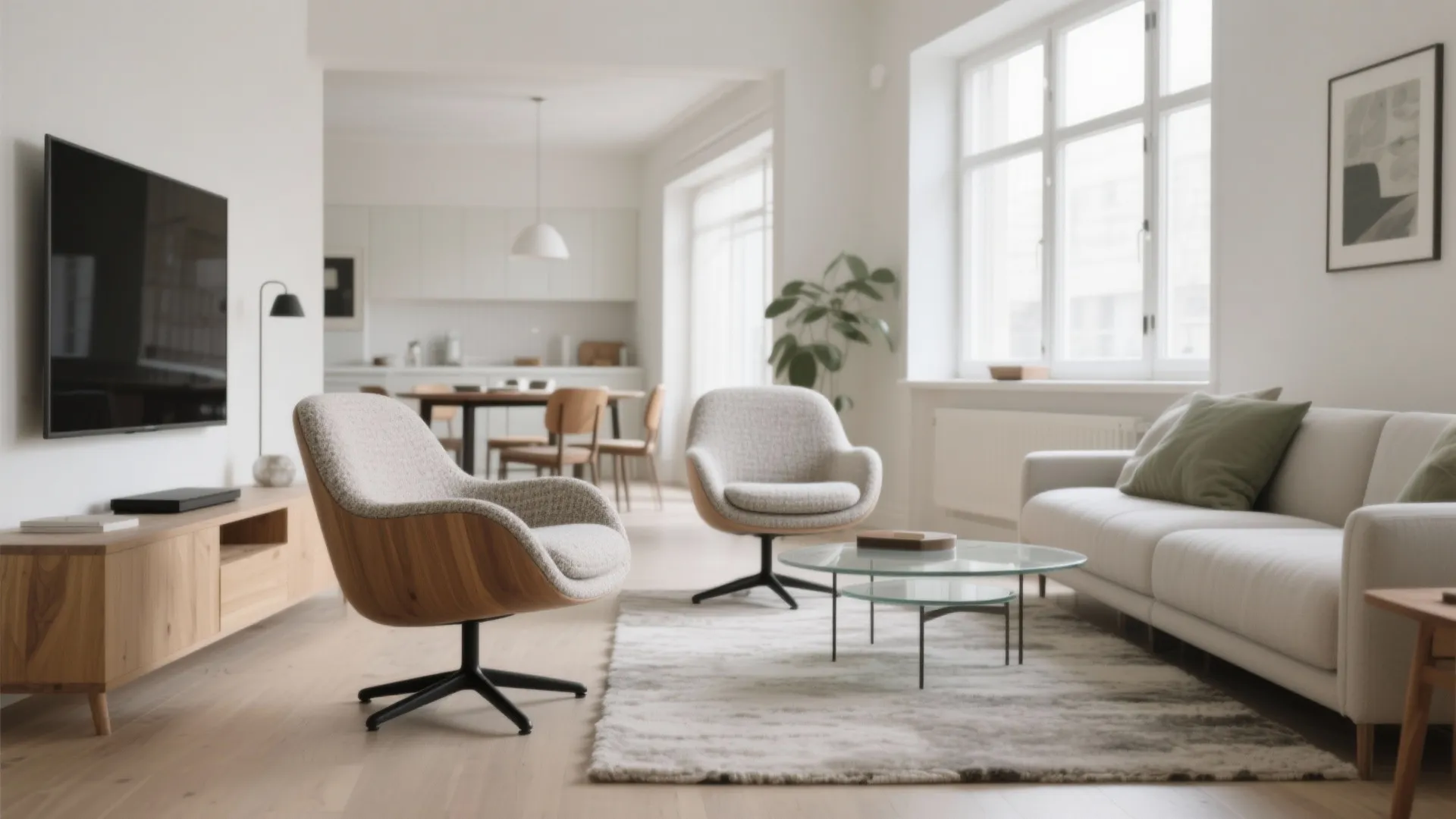 Modern living room featuring two swivel chairs glass coffee table white sofa and wooden cabinet
