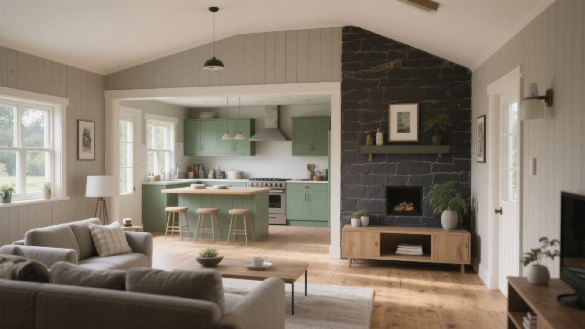 Open plan living room and green kitchen with stone fireplace wooden floors and natural lighting