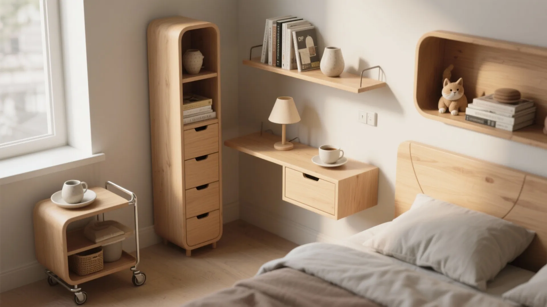 Minimalist wood bedroom furniture including wall shelf tall narrow cabinet and small rolling side table