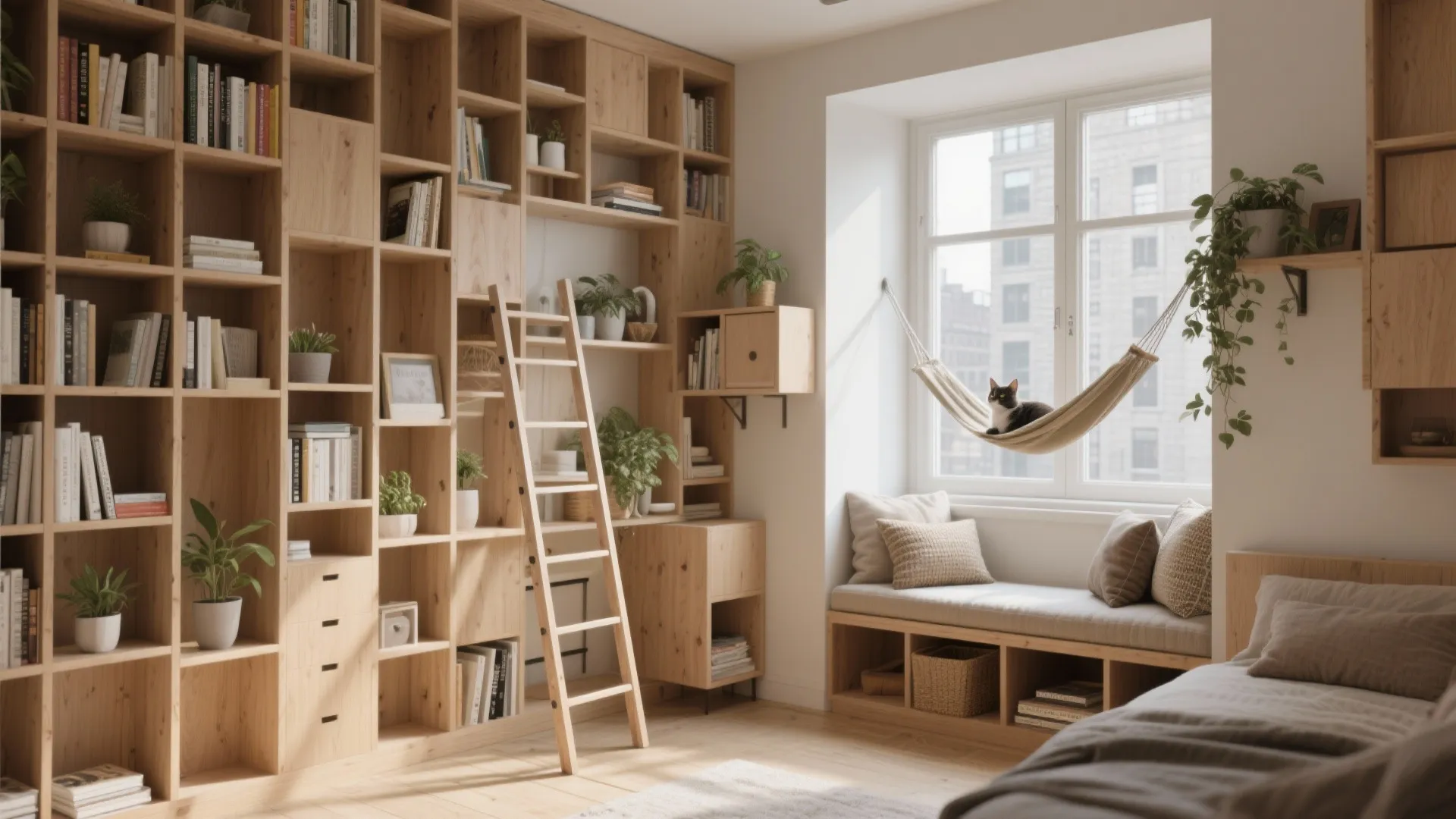 Wooden floor to ceiling bookshelf with a rolling ladder and a small window cat hammock