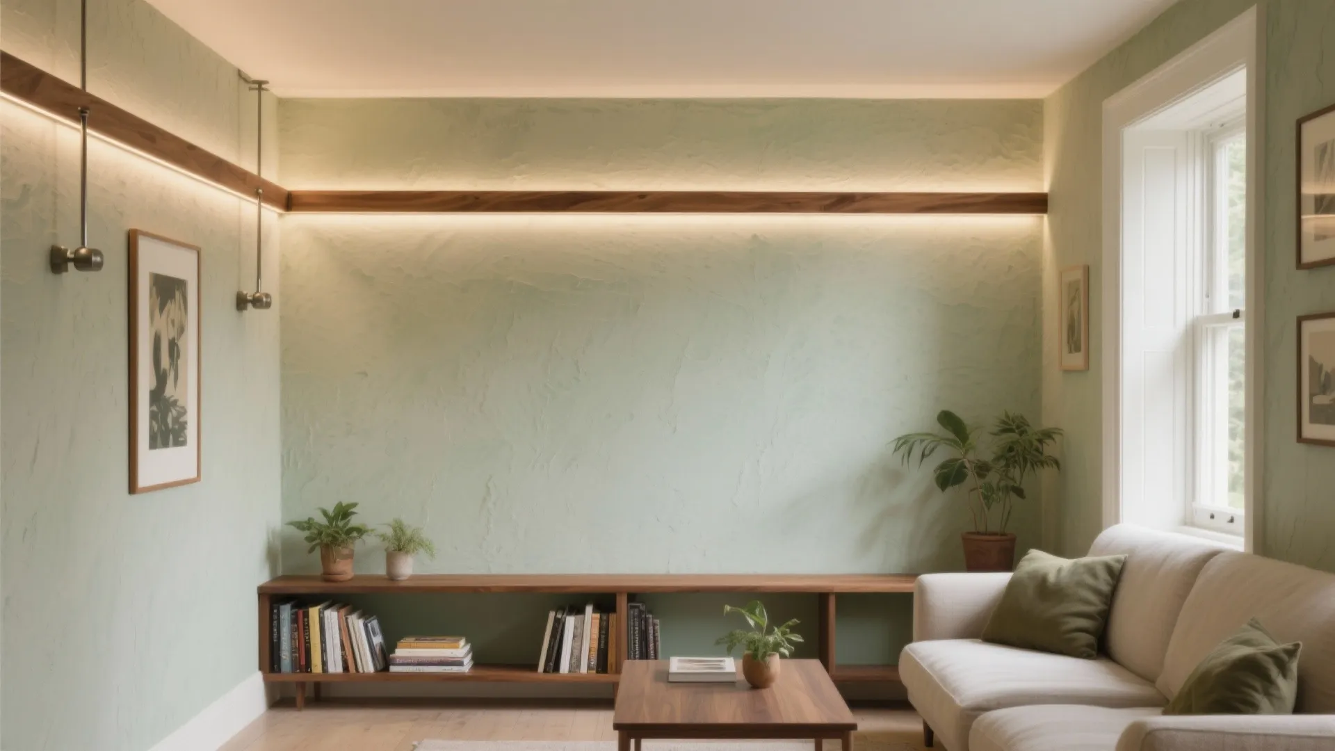 Modern living room with green wall panel wooden cabinet sofa coffee table and bright window