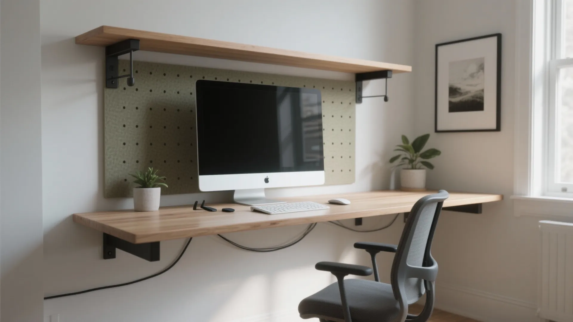 Minimalist home office setup with wooden wall desk computer monitor grey chair and small plants