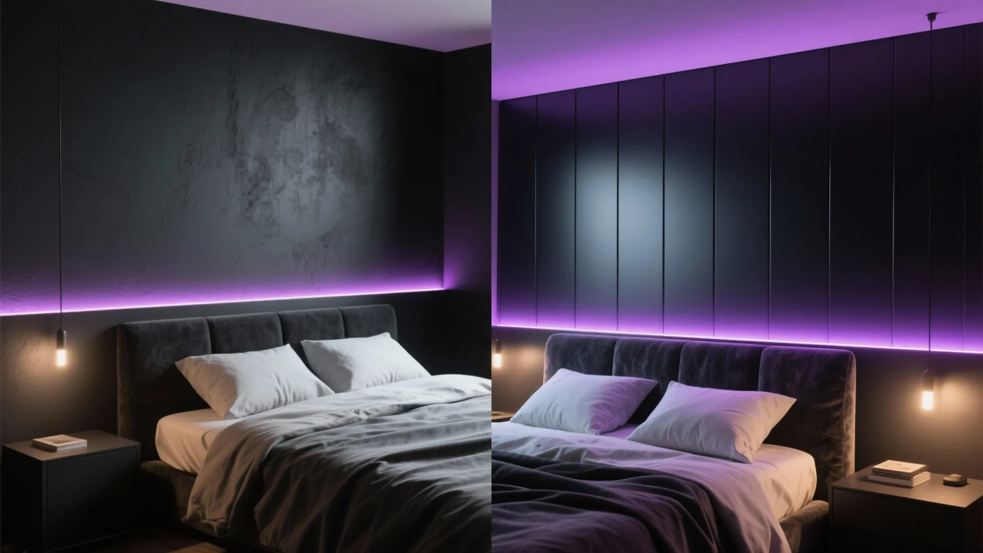 Comparison of two bedroom designs featuring dark walls with purple led strip lights and bed