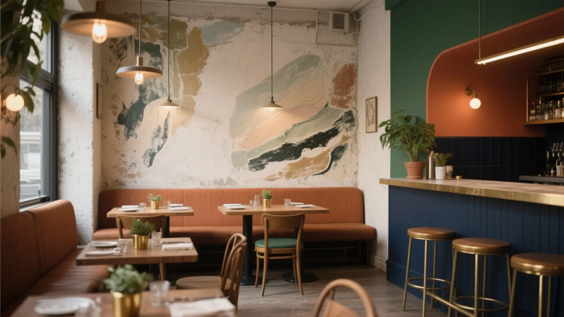 Modern restaurant interior featuring artistic wall mural orange bench seating wooden tables and blue bar counter