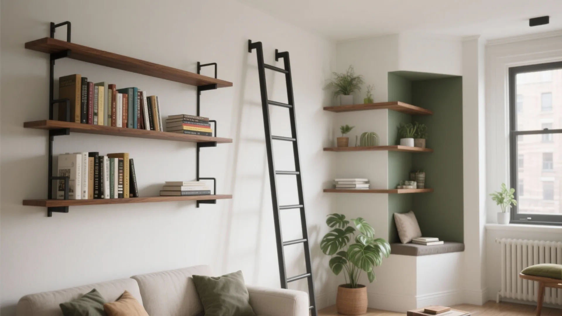 Living room featuring wooden wall shelves a black ladder sofa and a green reading corner
