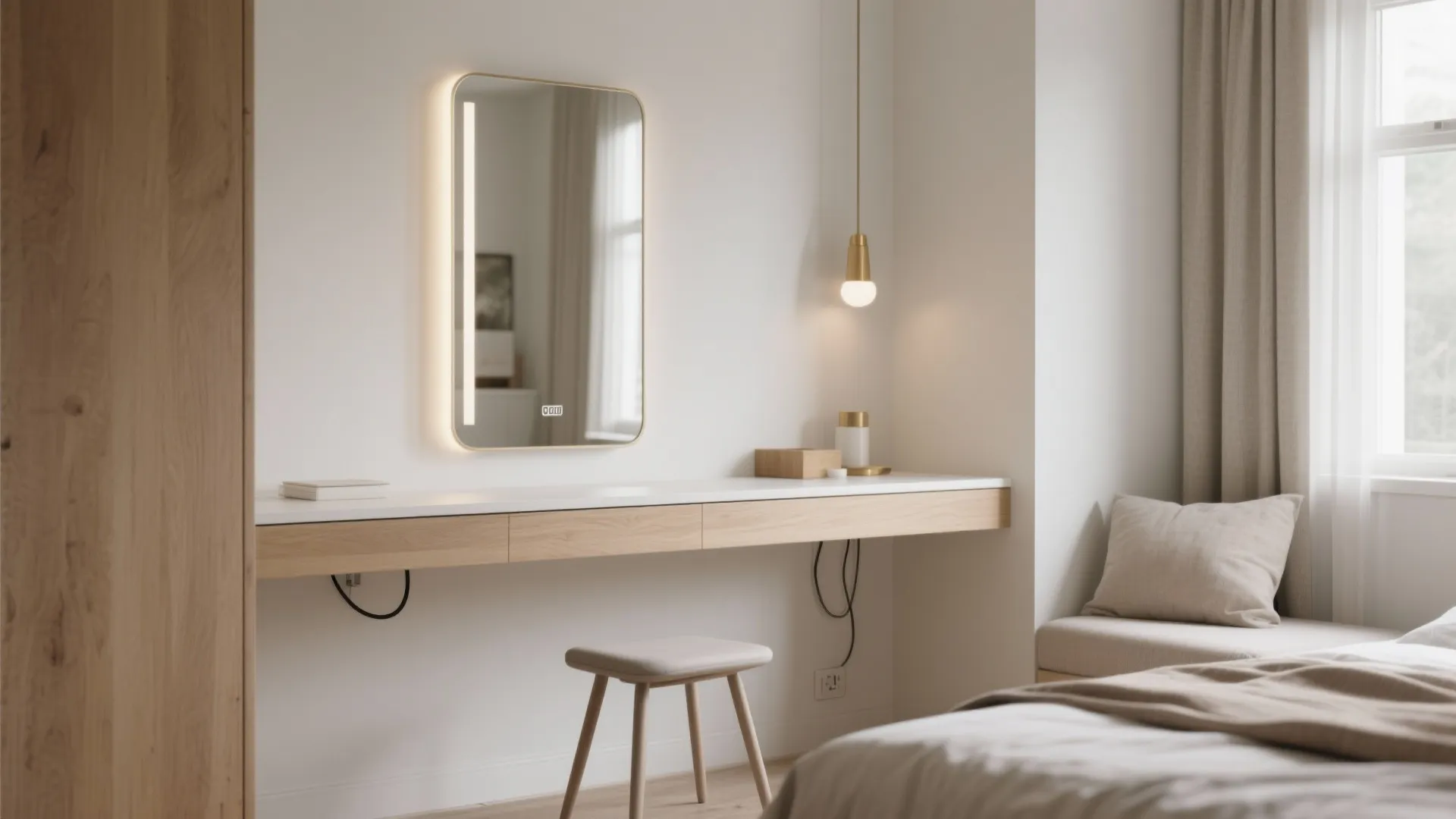 Minimalist bedroom vanity with long floating desk small stool and a lighted mirror on wall