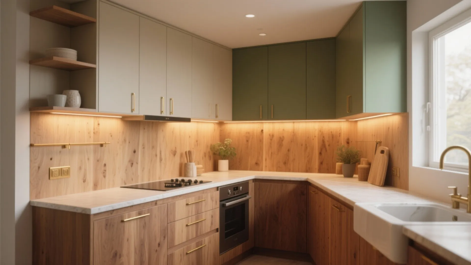 Modern kitchen with green cabinets wooden lower units marble countertop gold handles and warm lighting