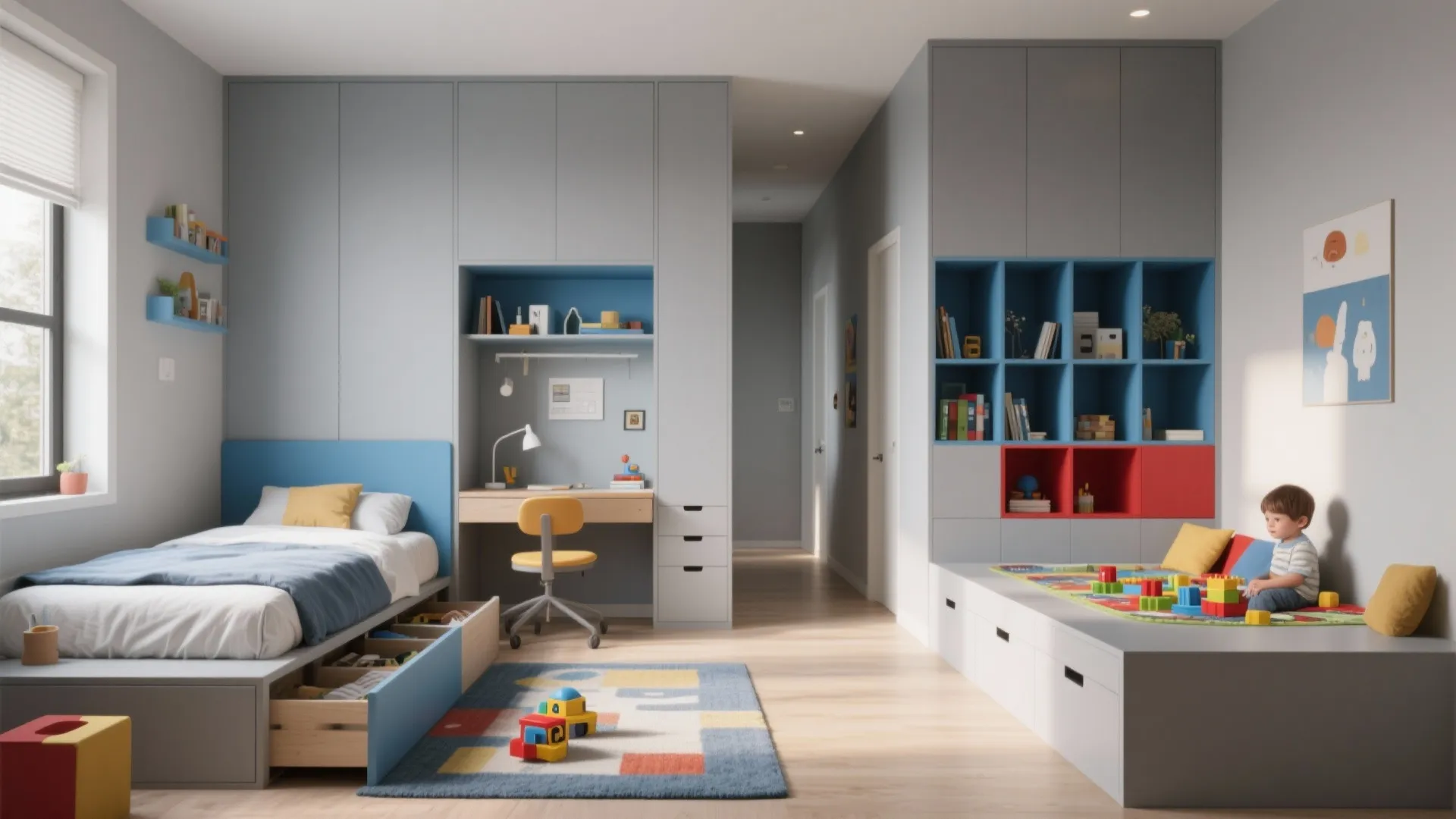 Interior design drawing of kid bedroom with blue bed desk grey cabinets and child playing toys