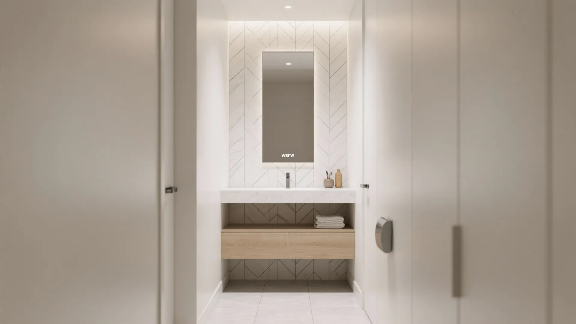 Modern bathroom with white marble sink wooden cabinet vanity vertical mirror and patterned wall tile