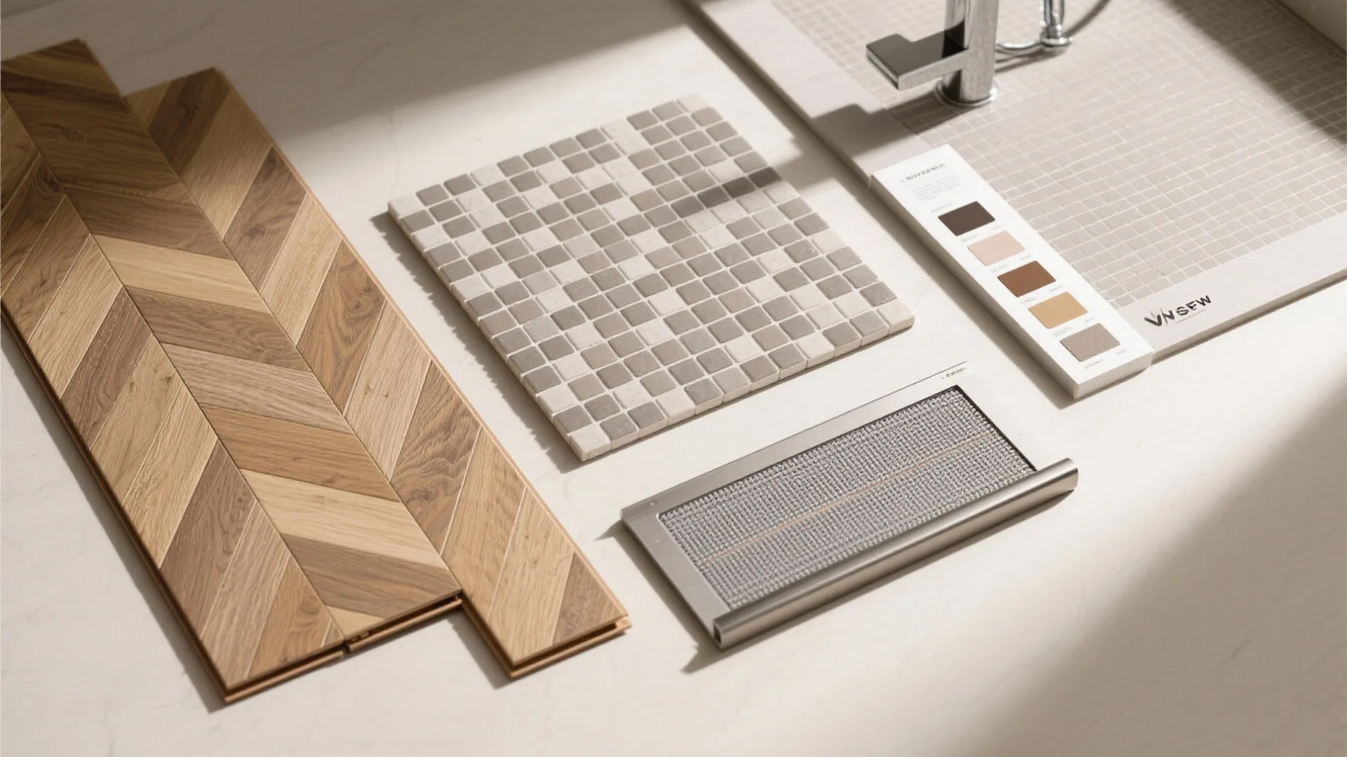 Flatlay of wood-look porcelain herringbone planks, shower mosaic, grout swatches, and a radiant heat mat.