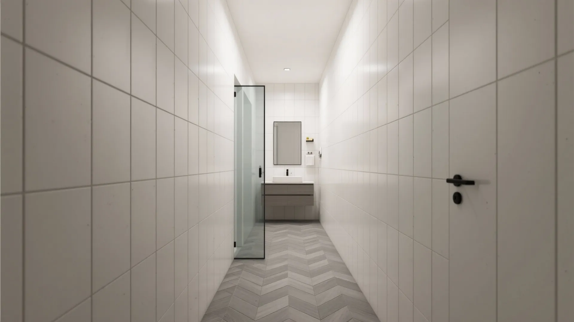 Pattern Play: Herringbone Floor, Vertical Stack Walls