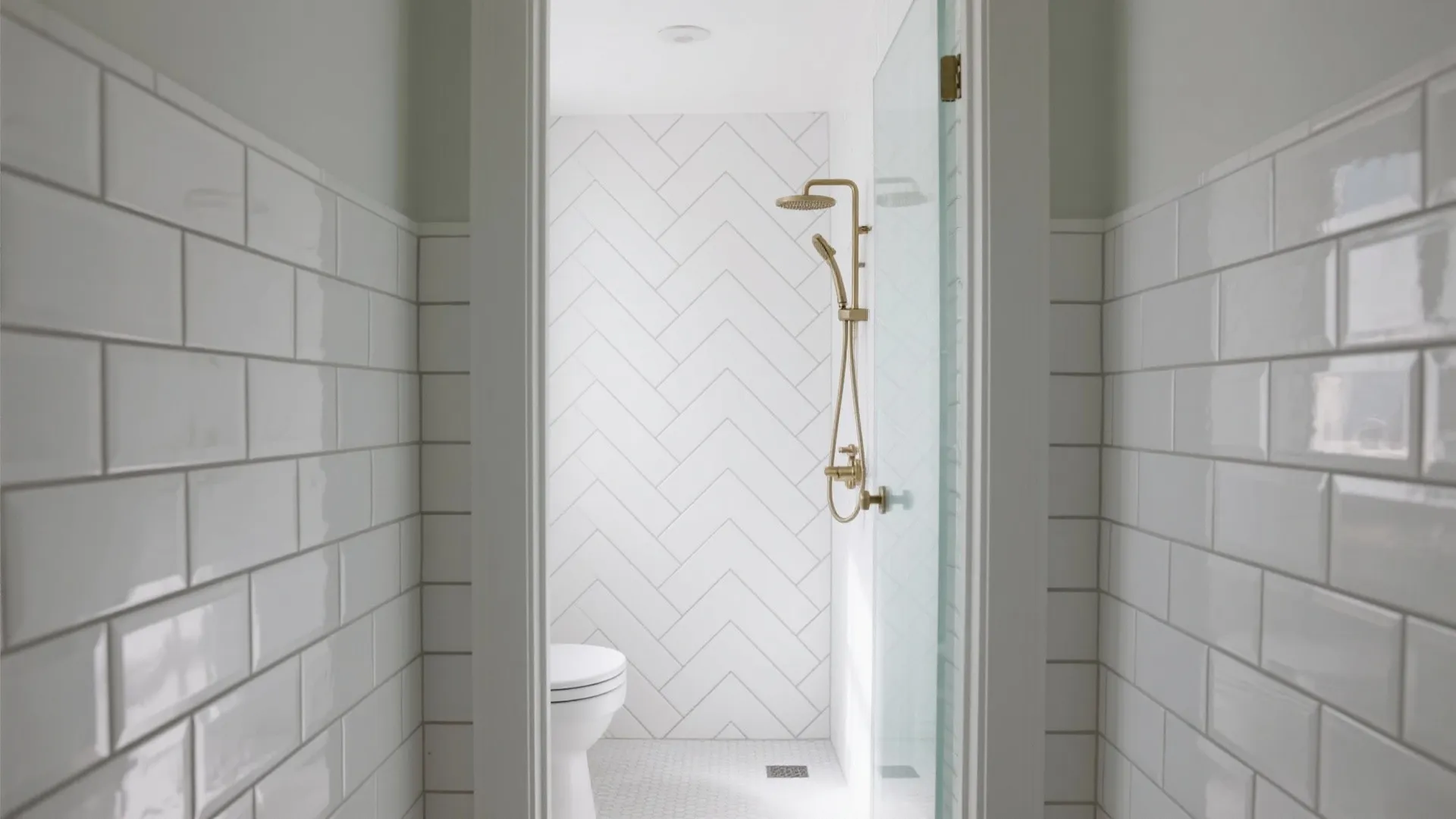Modern white bathroom featuring subway wall tiles a gold shower head and a white toilet