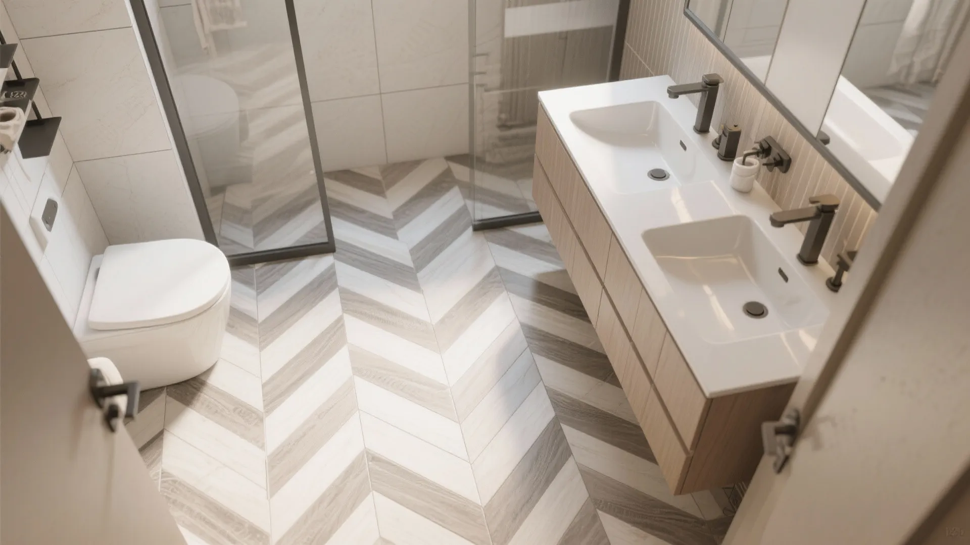 Modern bathroom with wood chevron floor tiles double sink vanity black faucets and glass shower
