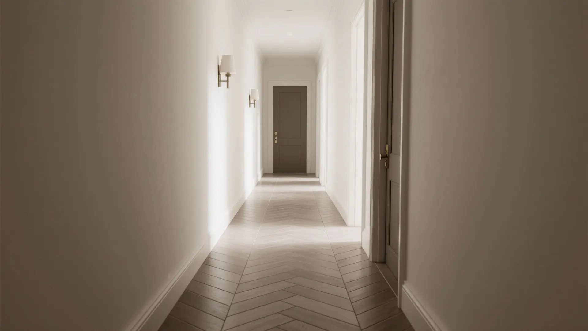 Long white hallway featuring wooden herringbone pattern flooring with wall lights and a dark door