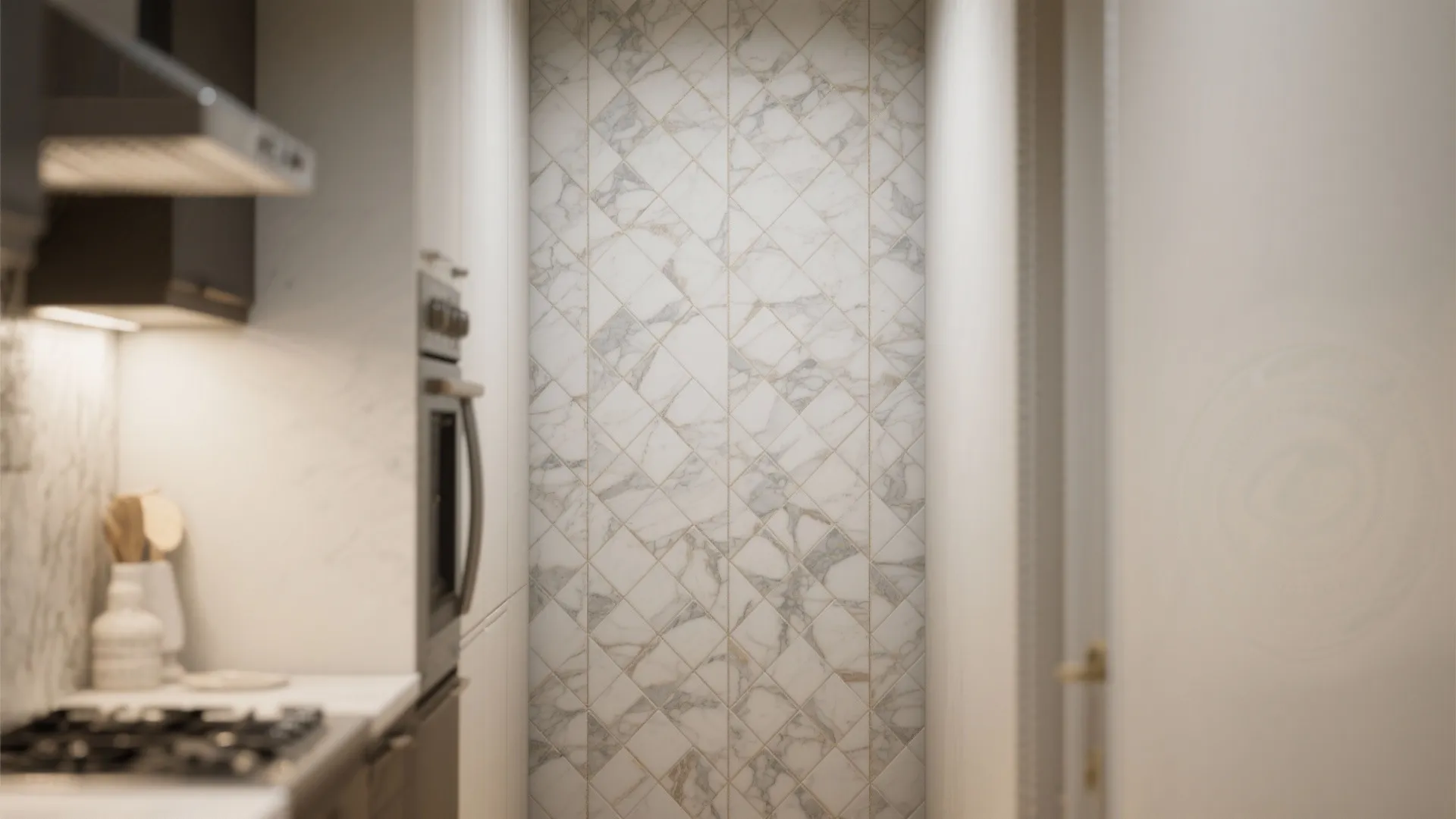 Narrow kitchen wall with a herringbone marble mosaic backsplash emphasizing vertical motion and textured pattern.