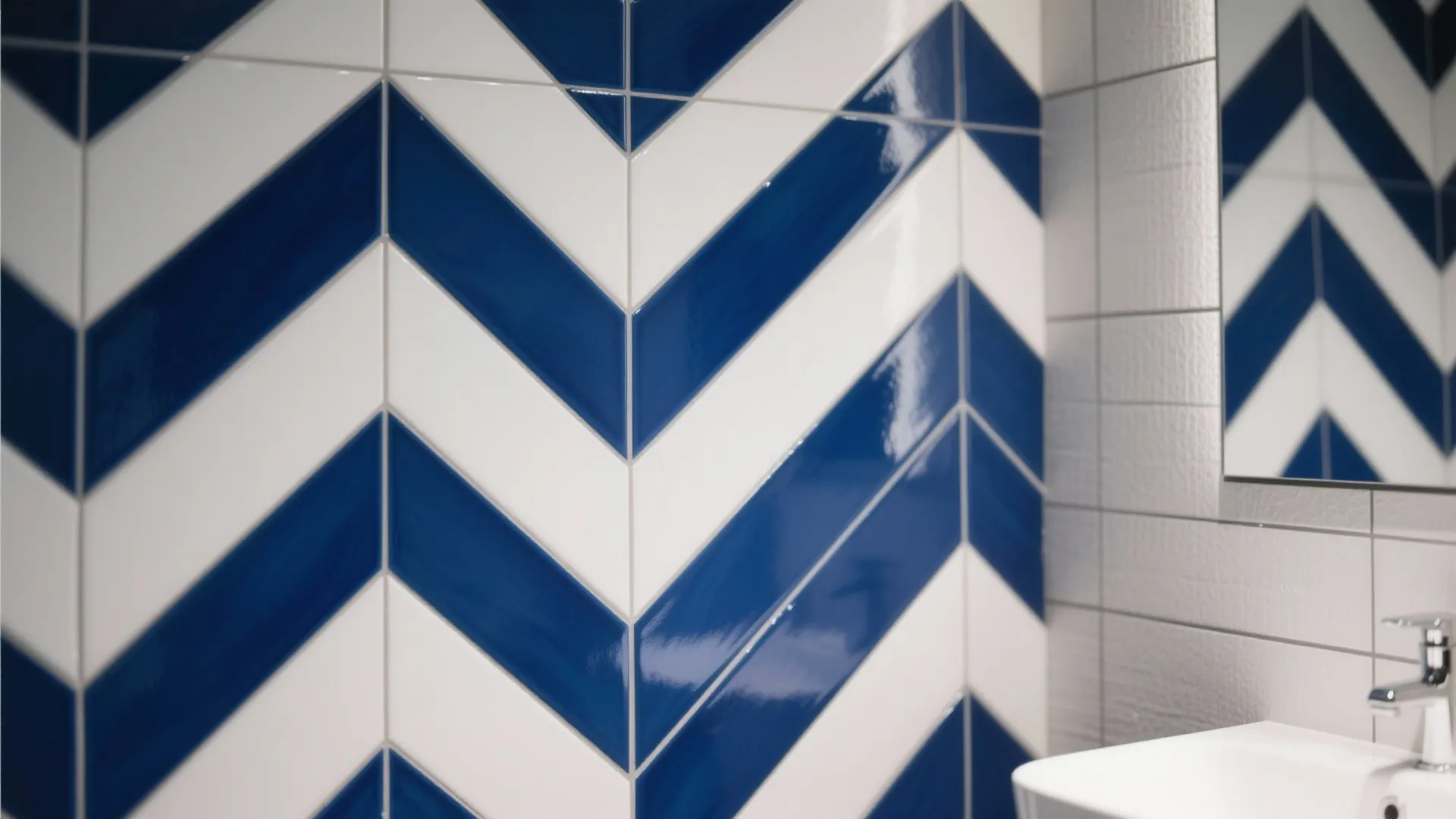 Bathroom with 4x10 navy tiles set in a herringbone layout