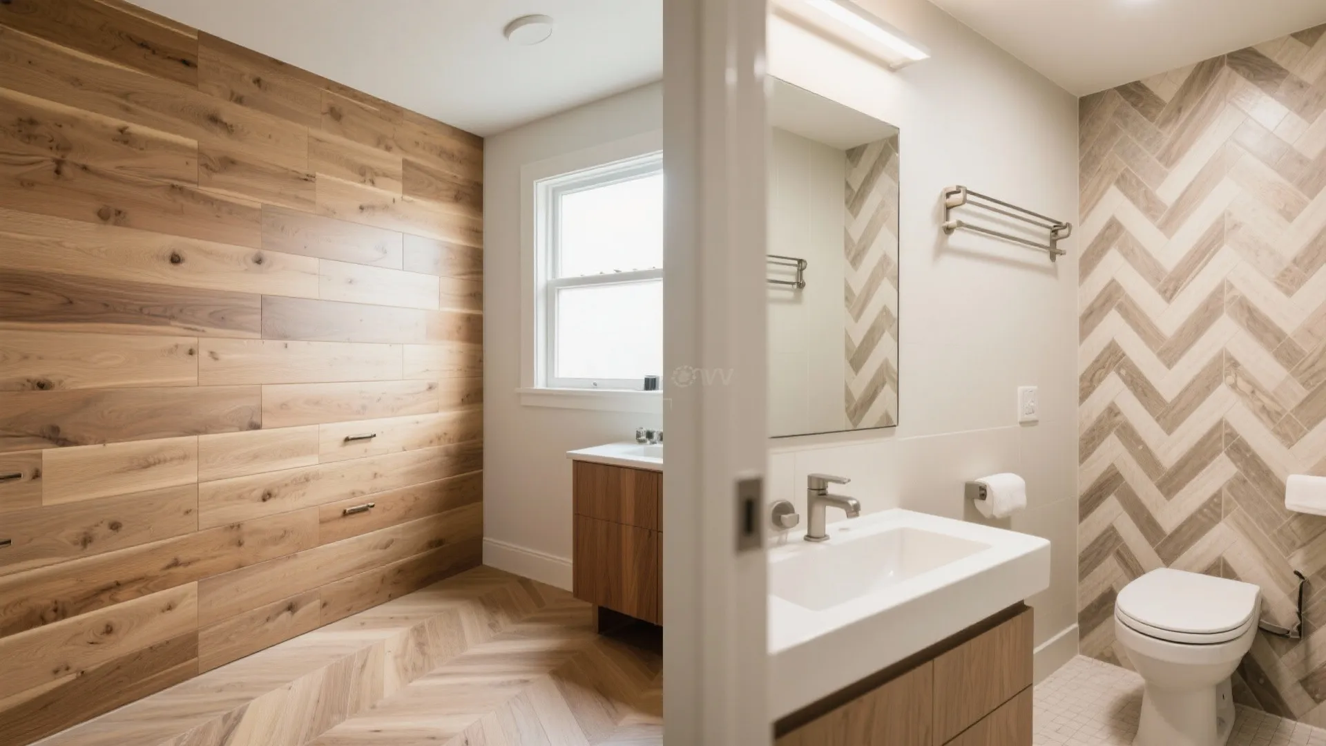 Modern bathroom featuring wood wall panel, wooden sink cabinet, white toilet, and herringbone pattern tiles