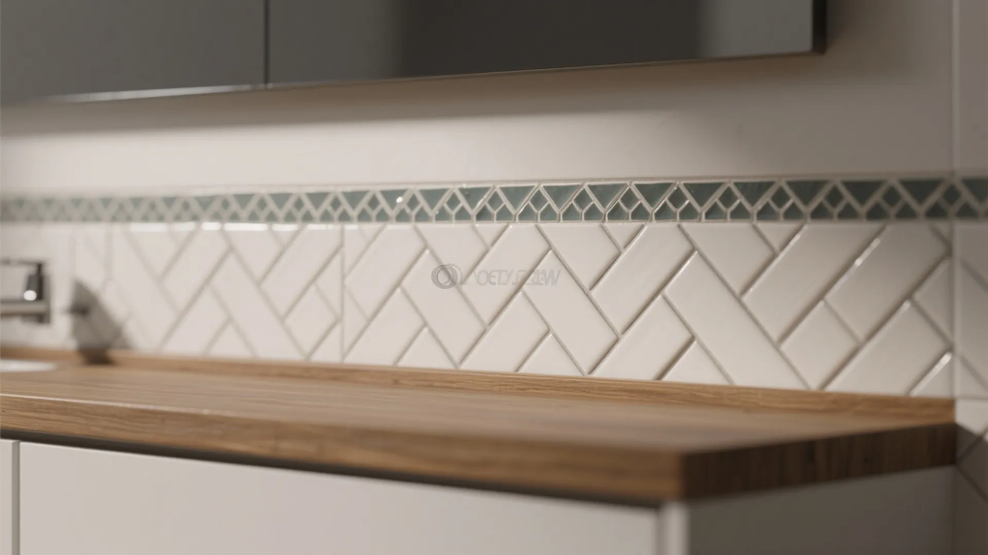 Close up of white wall tiles in a zig zag pattern above a wood kitchen counter