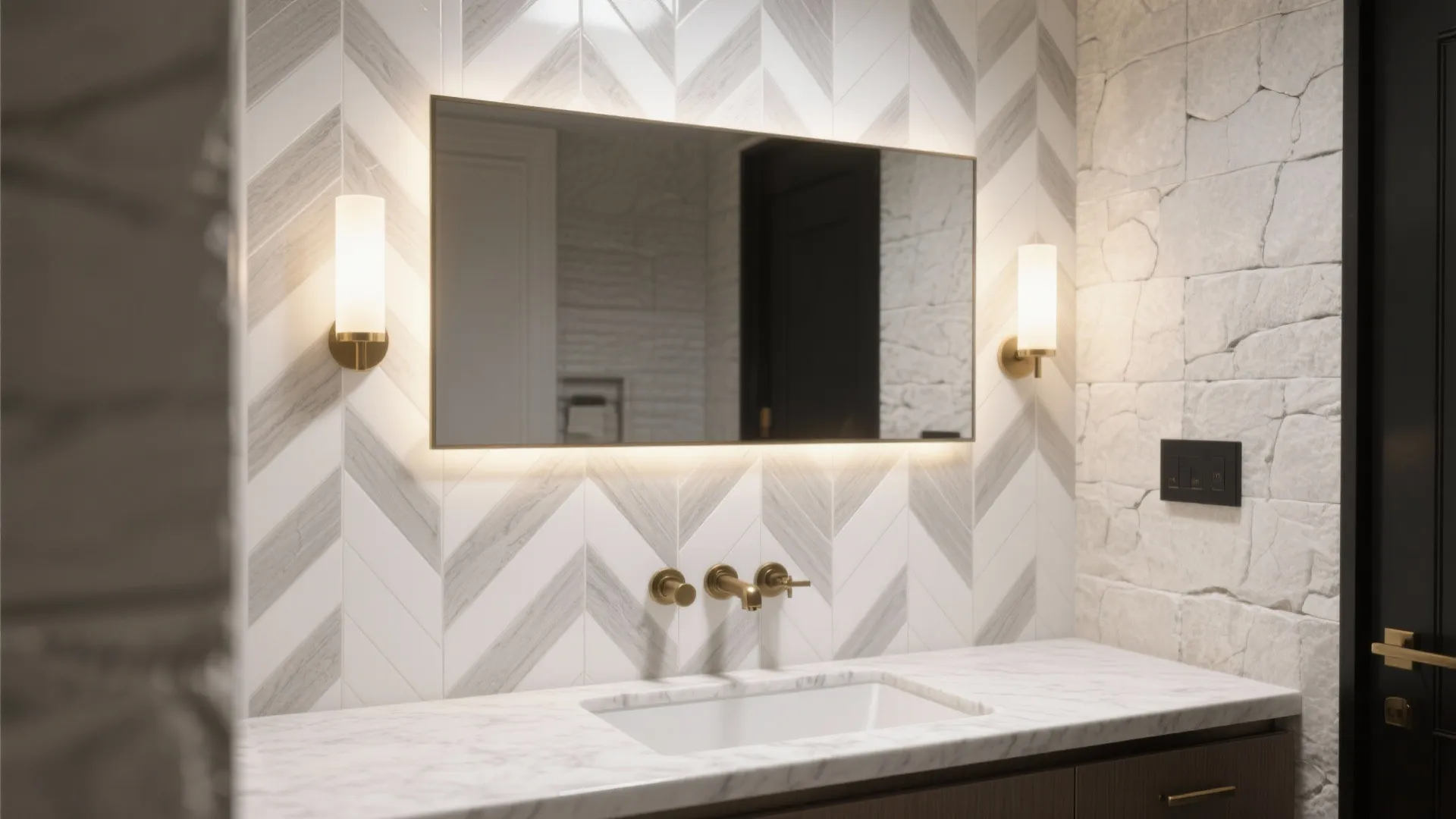 Modern bathroom with white marble sink counter rectangular mirror two wall lights and patterned wall tiles