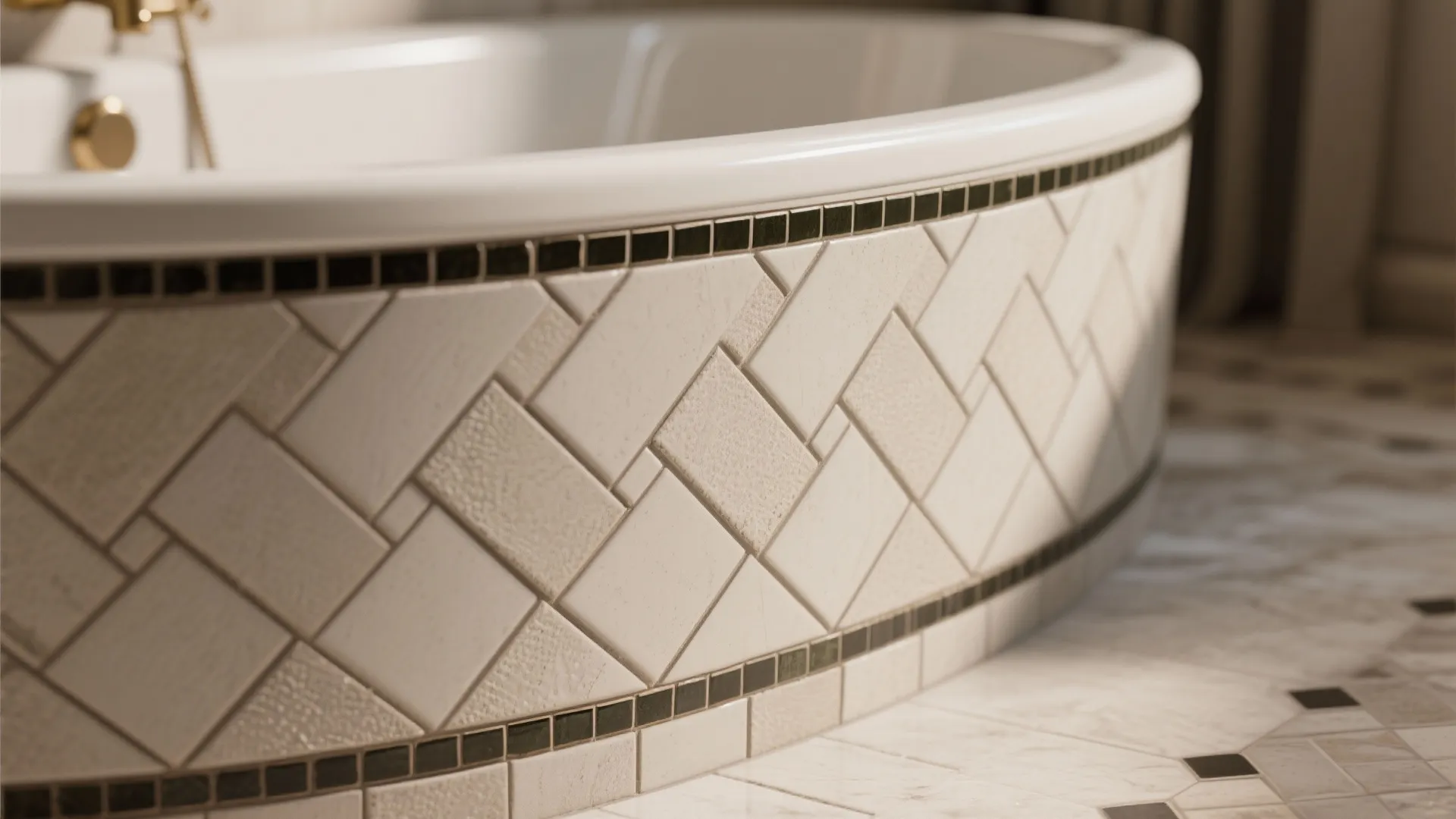 3. Herringbone Accent Around the Tub