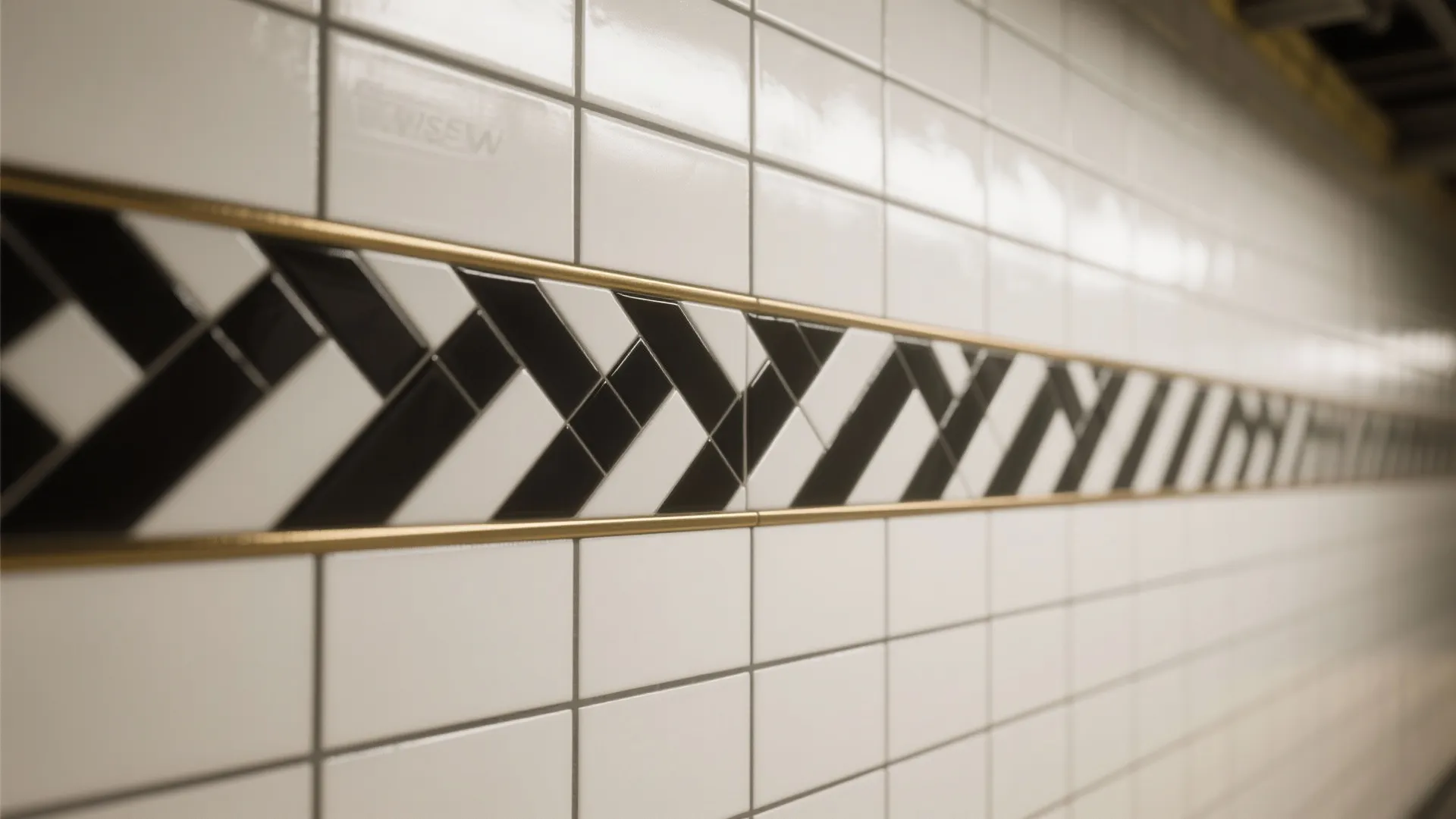 Close-up herringbone accent strip in black and white with brass trim on subway tiled wall.