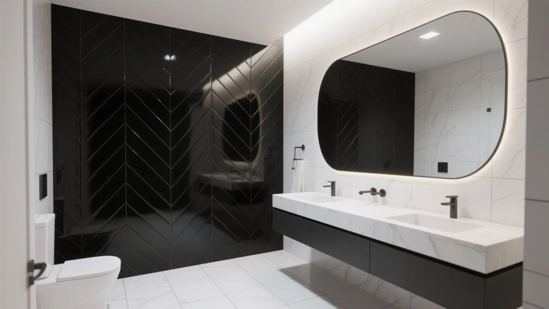 3. Herringbone Accent Wall with Monochrome Floor