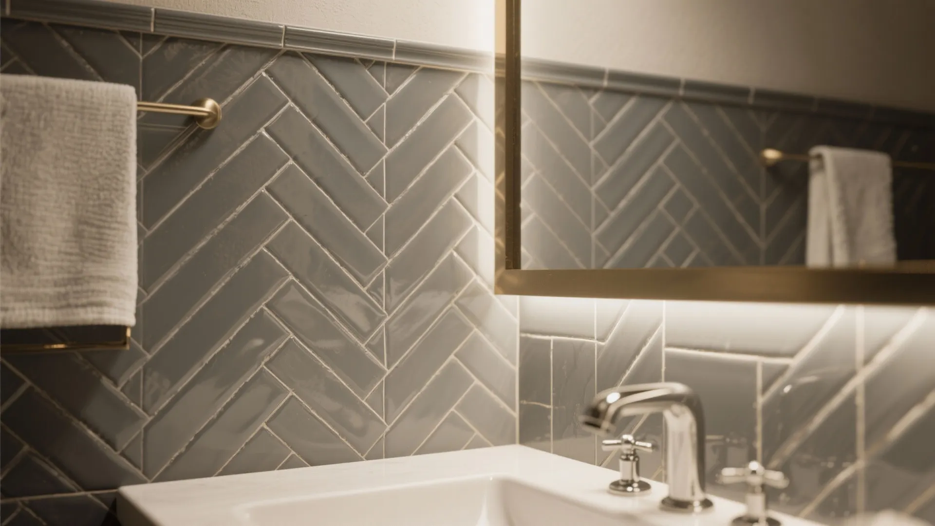 Close up of grey wall tiles in zig zag pattern behind white sink and mirror