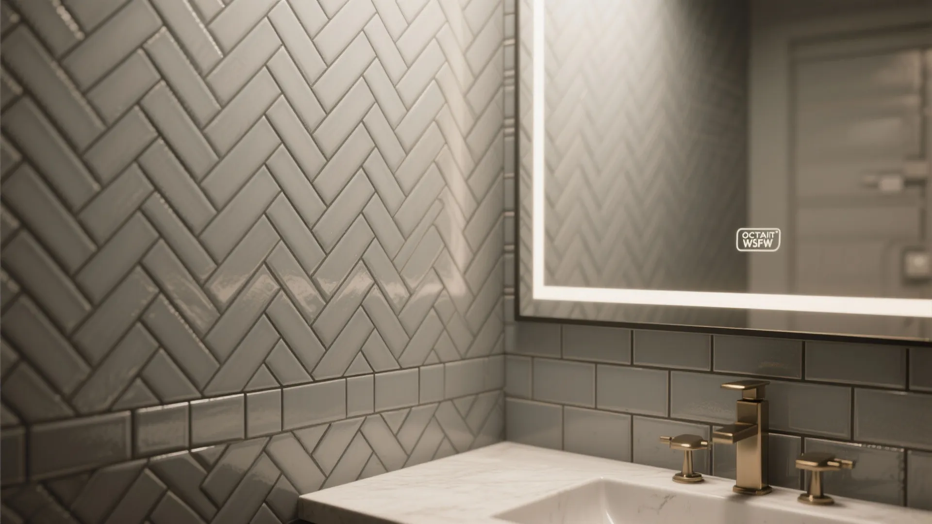 2. Herringbone feature behind the vanity