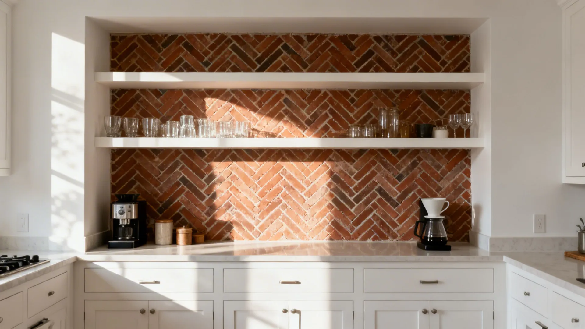 White kitchen with a herringbone brick accent wall behind open shelves.