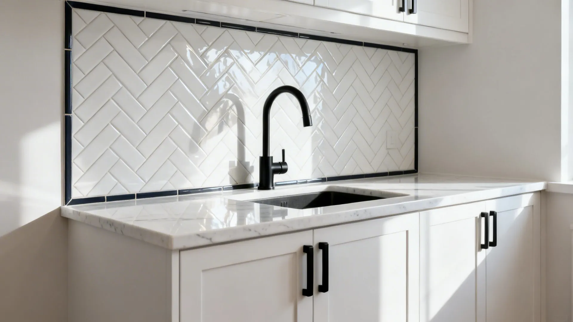 Glossy white herringbone tile accent wall with slim charcoal trim in a compact kitchenette