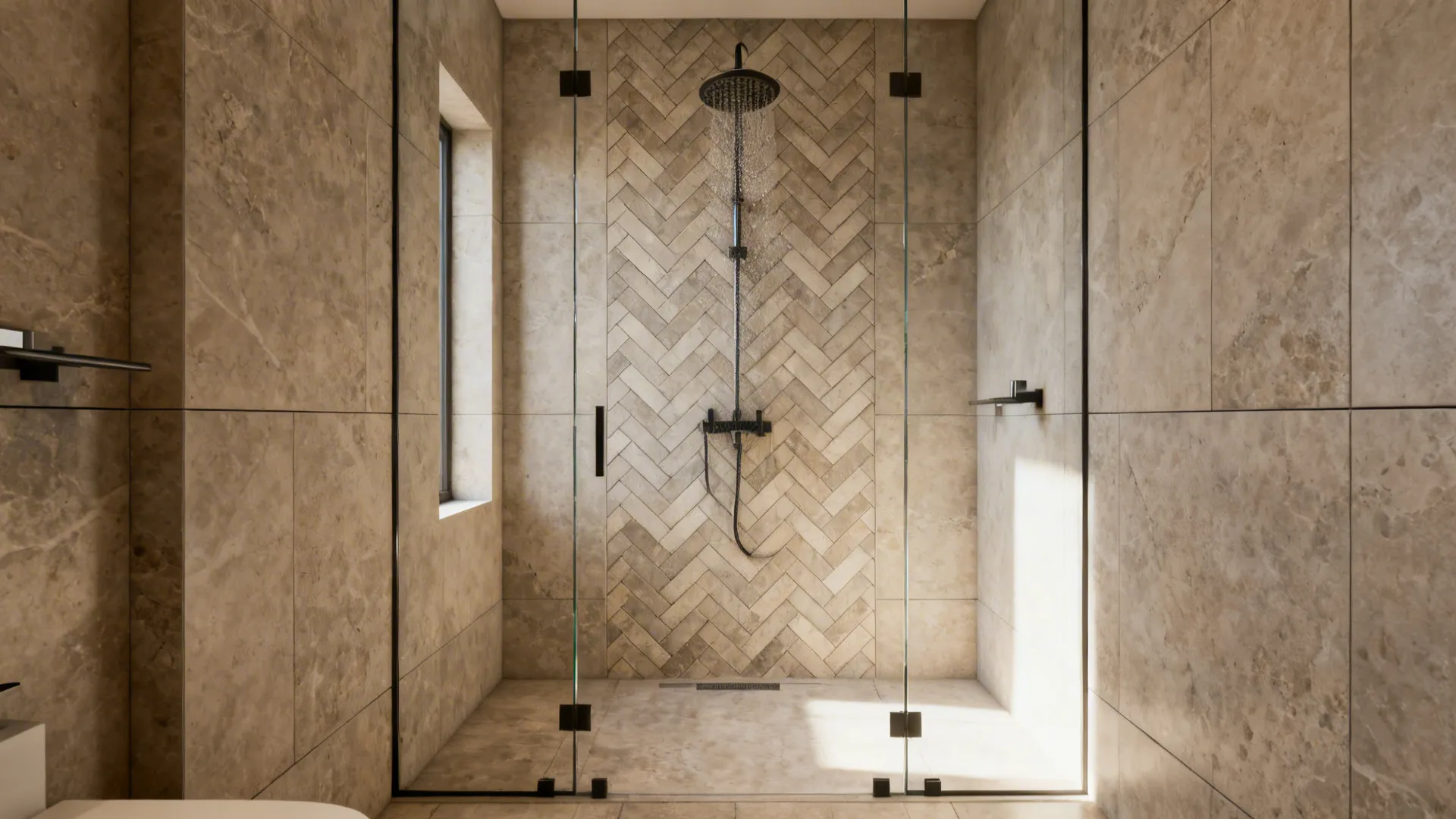 Small shower with herringbone tile accent wall and frameless glass.